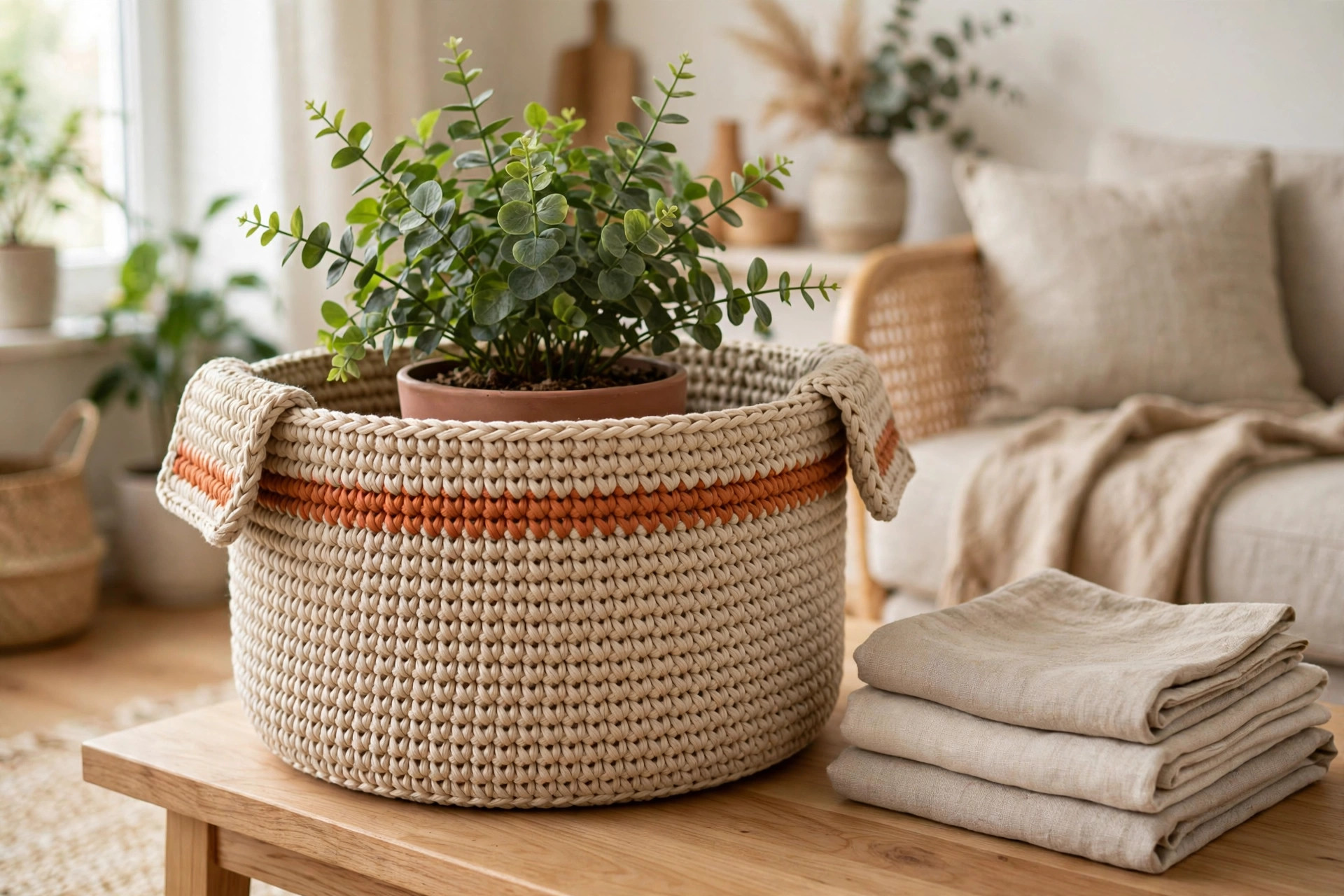 Finished beige crochet storage basket with terracotta stripe holding a potted plant on a wooden side table next to folded linens