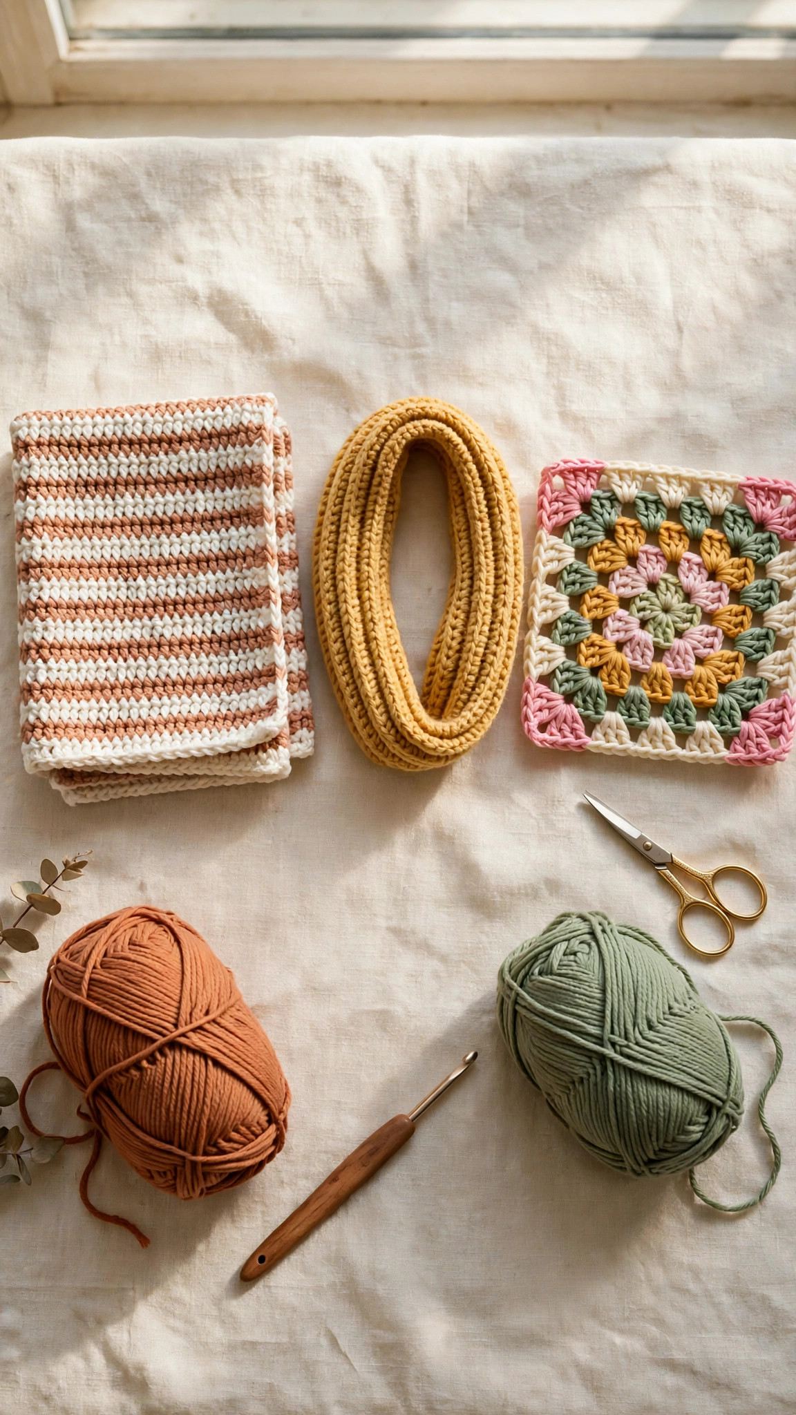 Easy beginner crochet patterns — flat-lay of a striped dishcloth, a mustard ribbed headband and a colorful granny square with yarn and a wooden hook