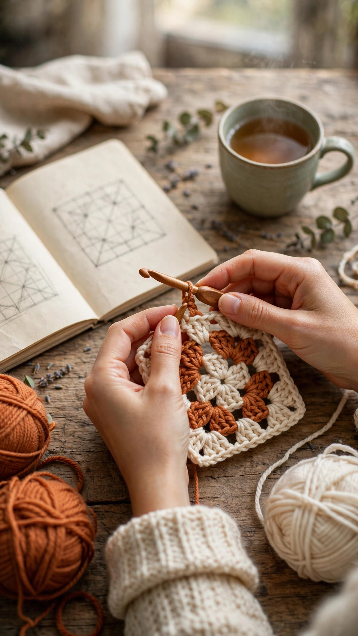 Beginner crocheter's hands working a simple granny square in terracotta and cream yarn with a wooden hook — easy beginner crochet patterns