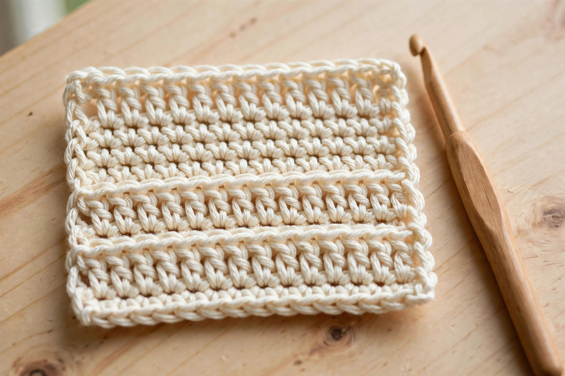 Close-up of a beginner crochet stitch sampler in cream cotton yarn showing chain, single, half double and double crochet rows with a wooden hook