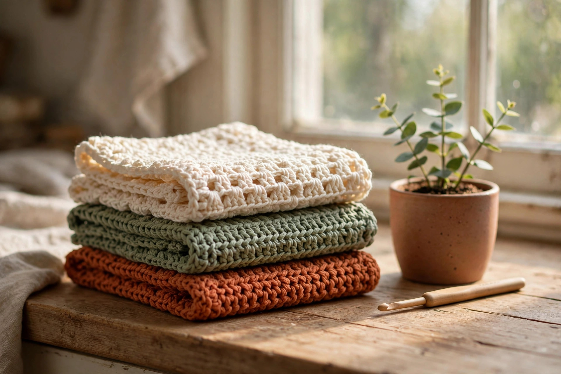 Three handmade cotton crochet dishcloths in cream, sage and terracotta stacked on a wooden kitchen counter