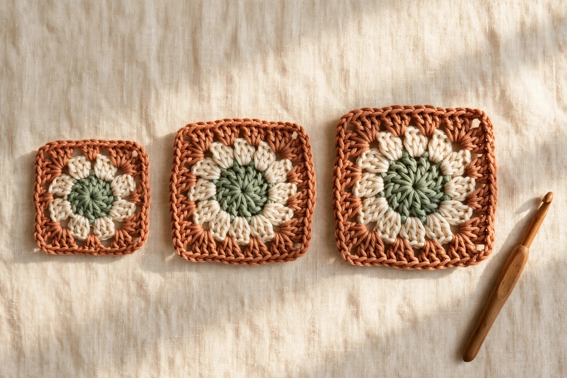 Three crochet granny squares in terracotta, cream and sage showing one-round, two-round and three-round progress on linen