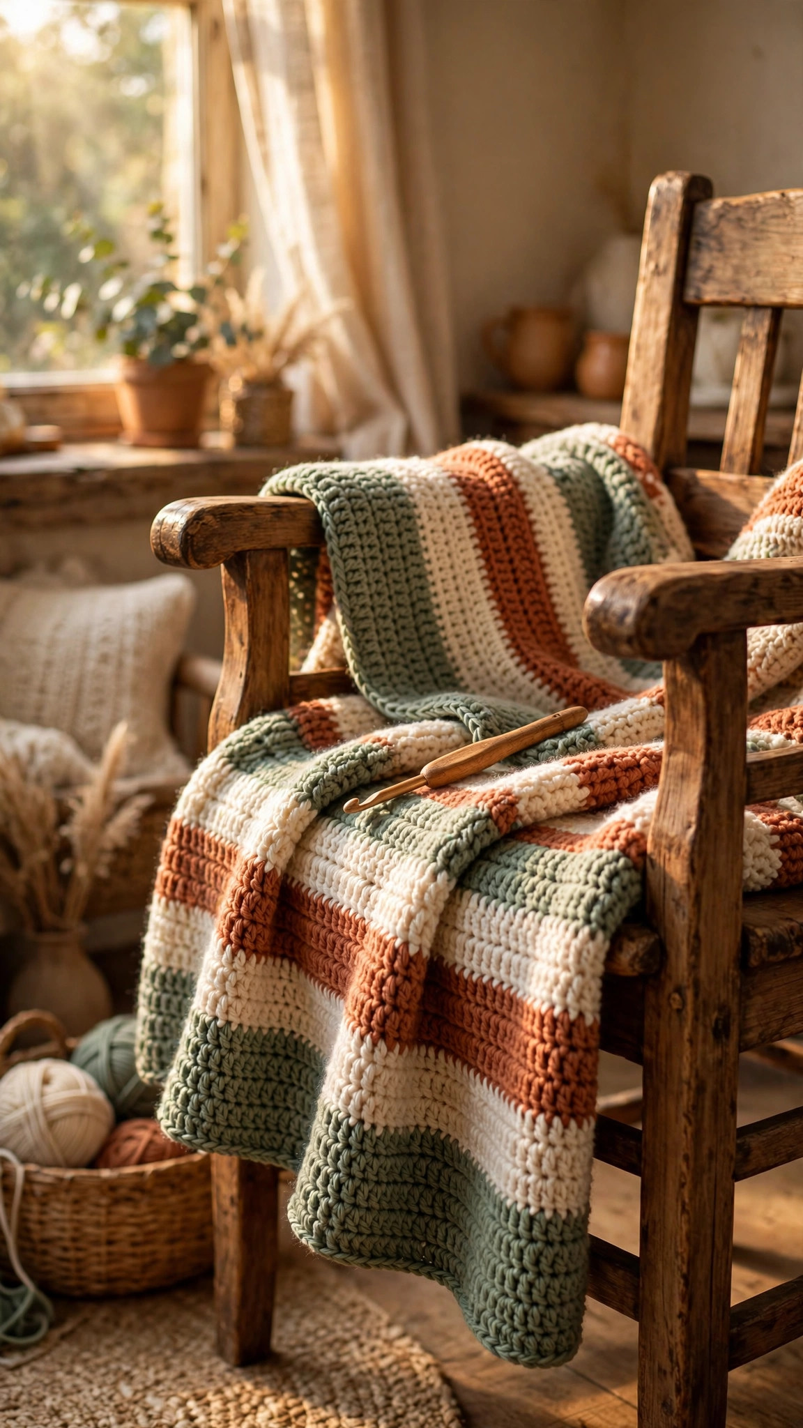 Easy crochet blanket patterns — striped lap blanket in sage green, cream and terracotta draped over a wooden armchair