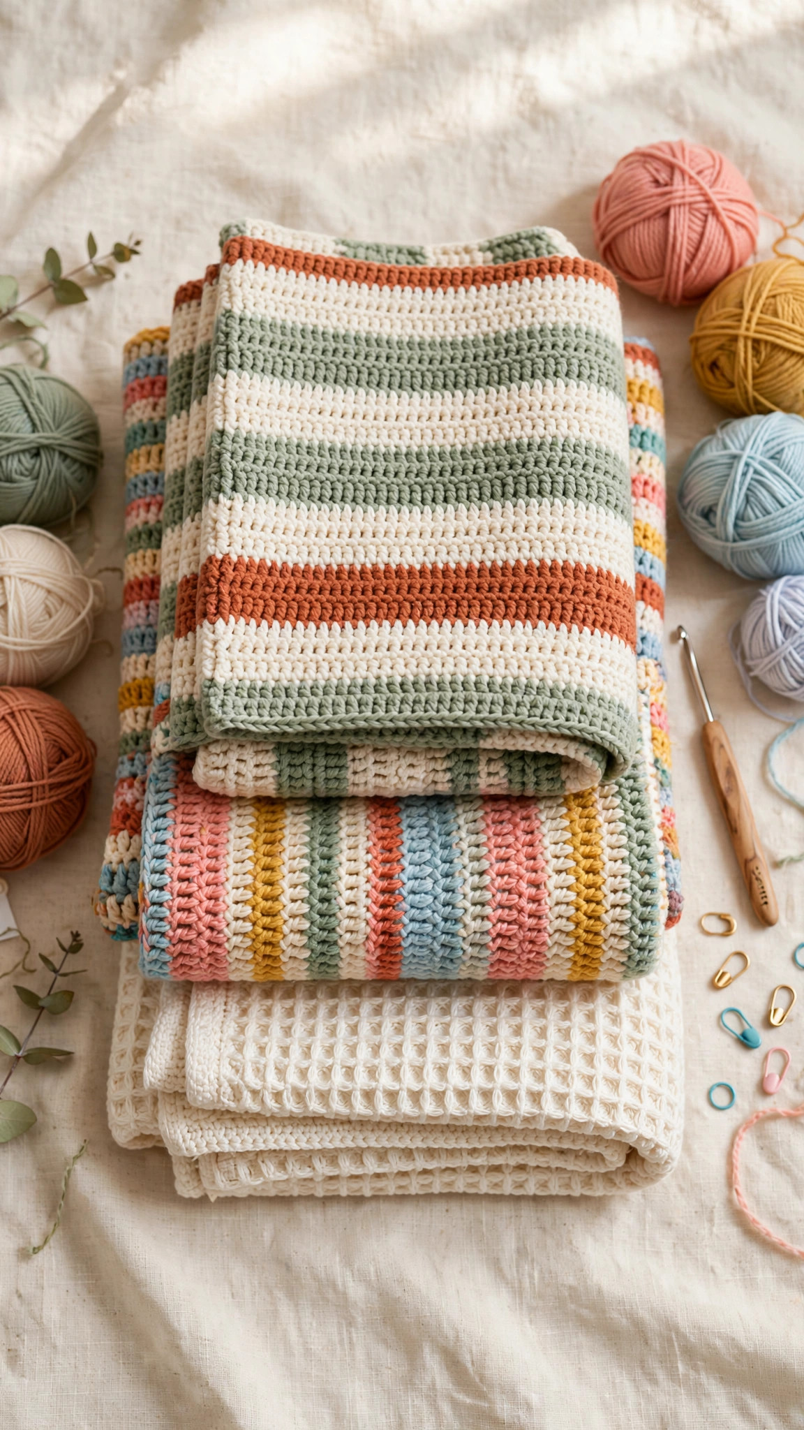 Three folded crochet blankets — striped lap blanket, pastel granny-stripe baby blanket and cream textured throw — with yarn balls and a crochet hook