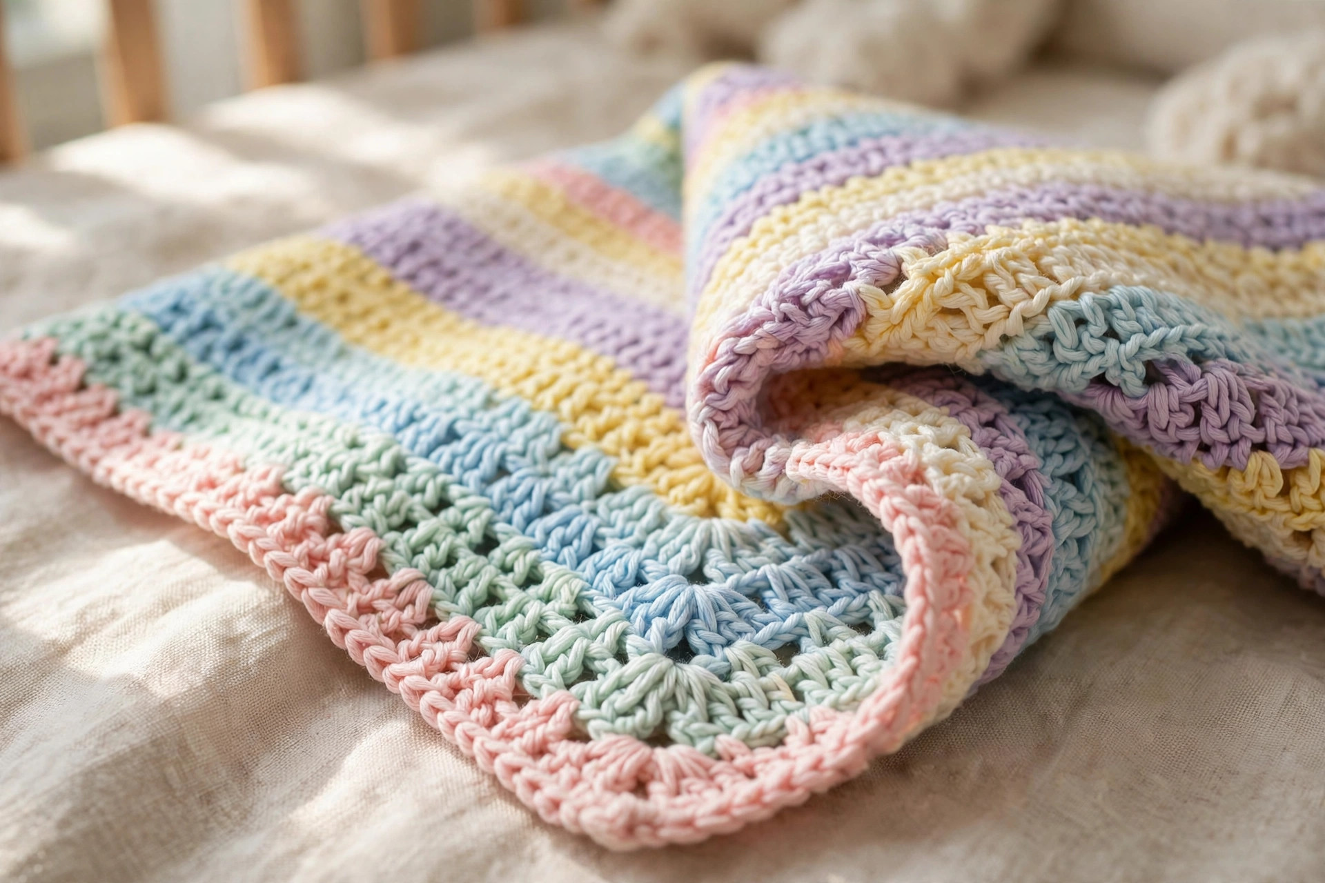 Close-up of a pastel granny-stripe baby blanket in pink, mint, blue, yellow and lavender with a folded corner