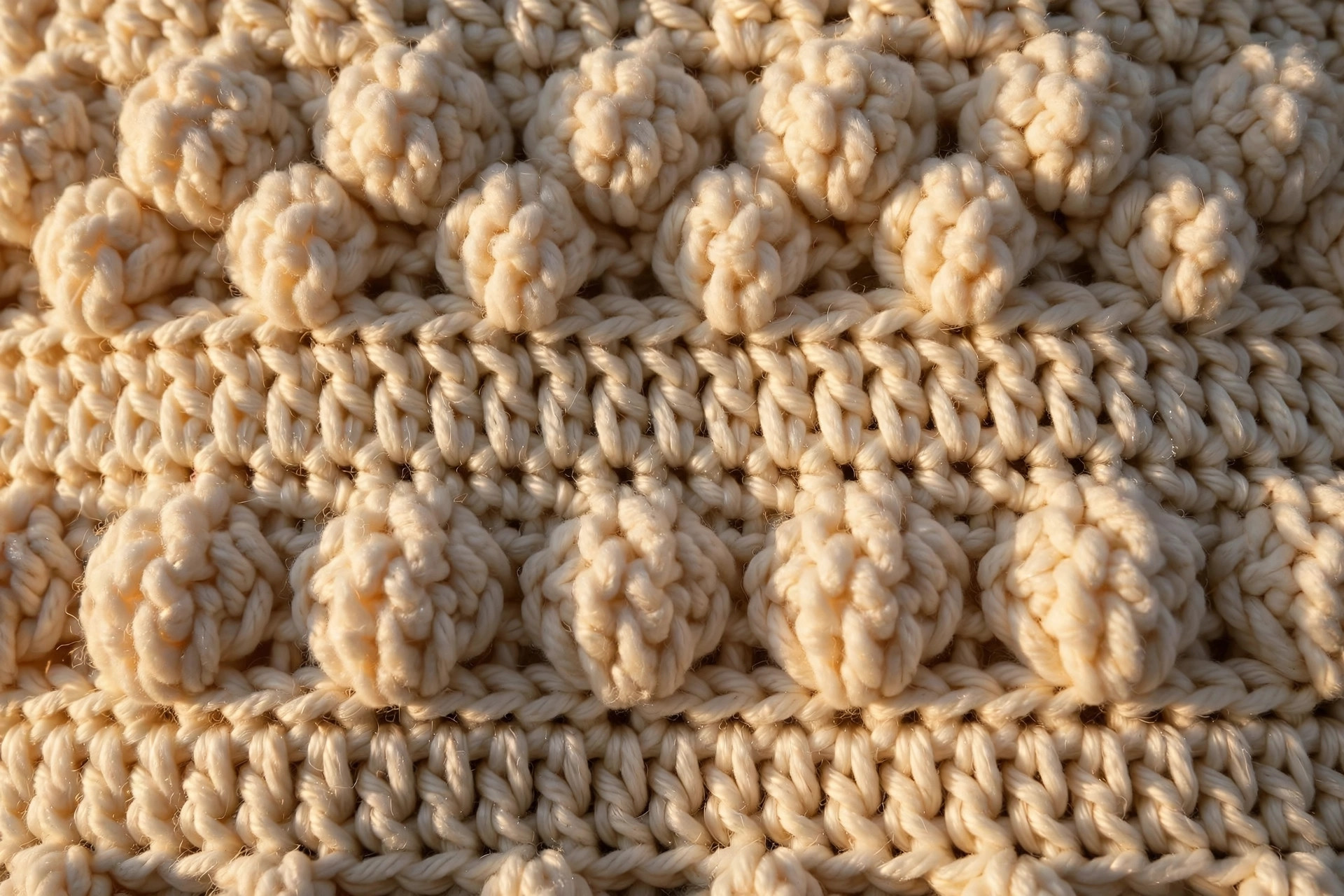 Extreme close-up of cream puff-stitch texture on a crocheted throw, showing raised popcorn-like stitches