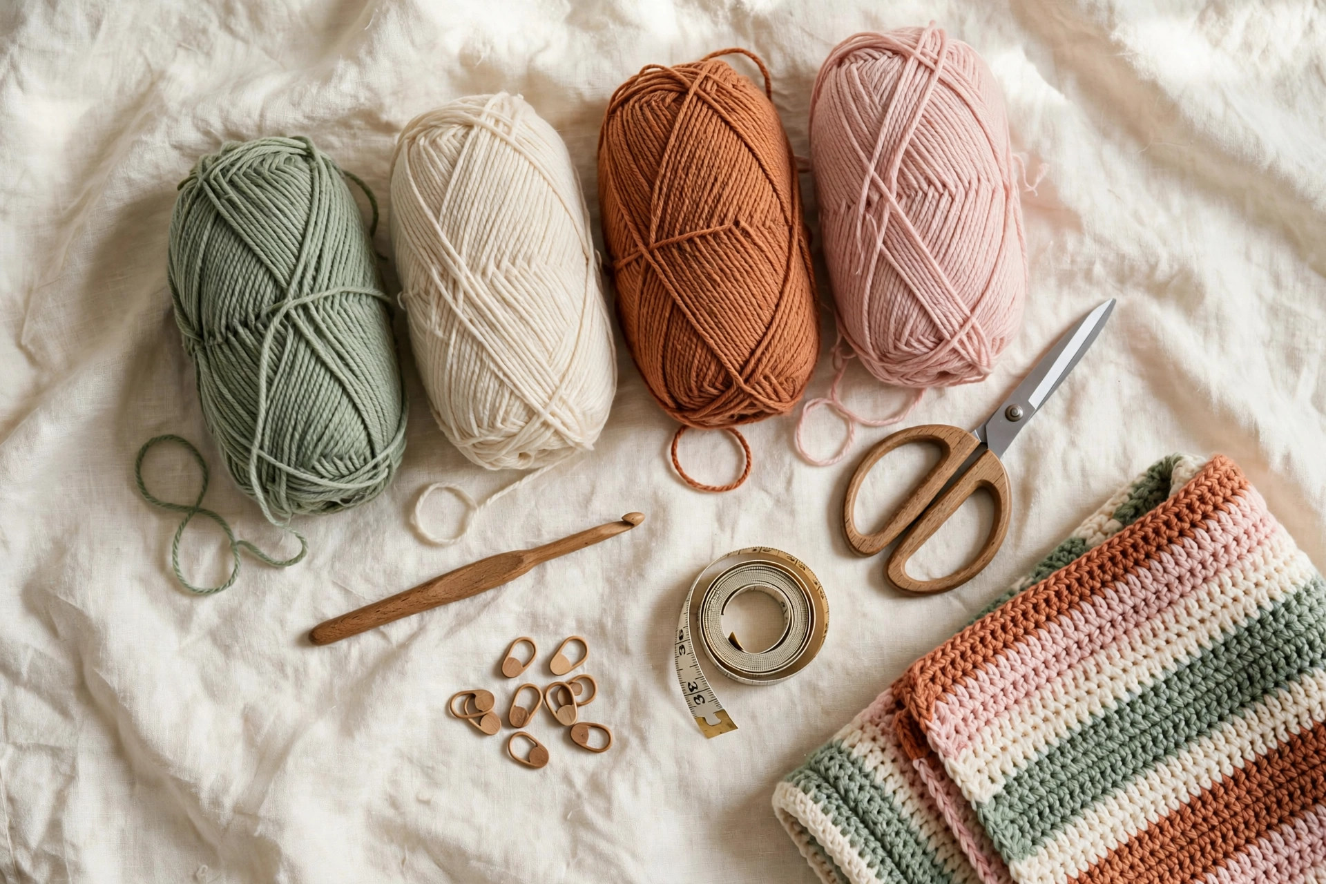 Flat lay of yarn skeins in sage green, cream, terracotta and blush pink with a wooden crochet hook, scissors, stitch markers and a measuring tape