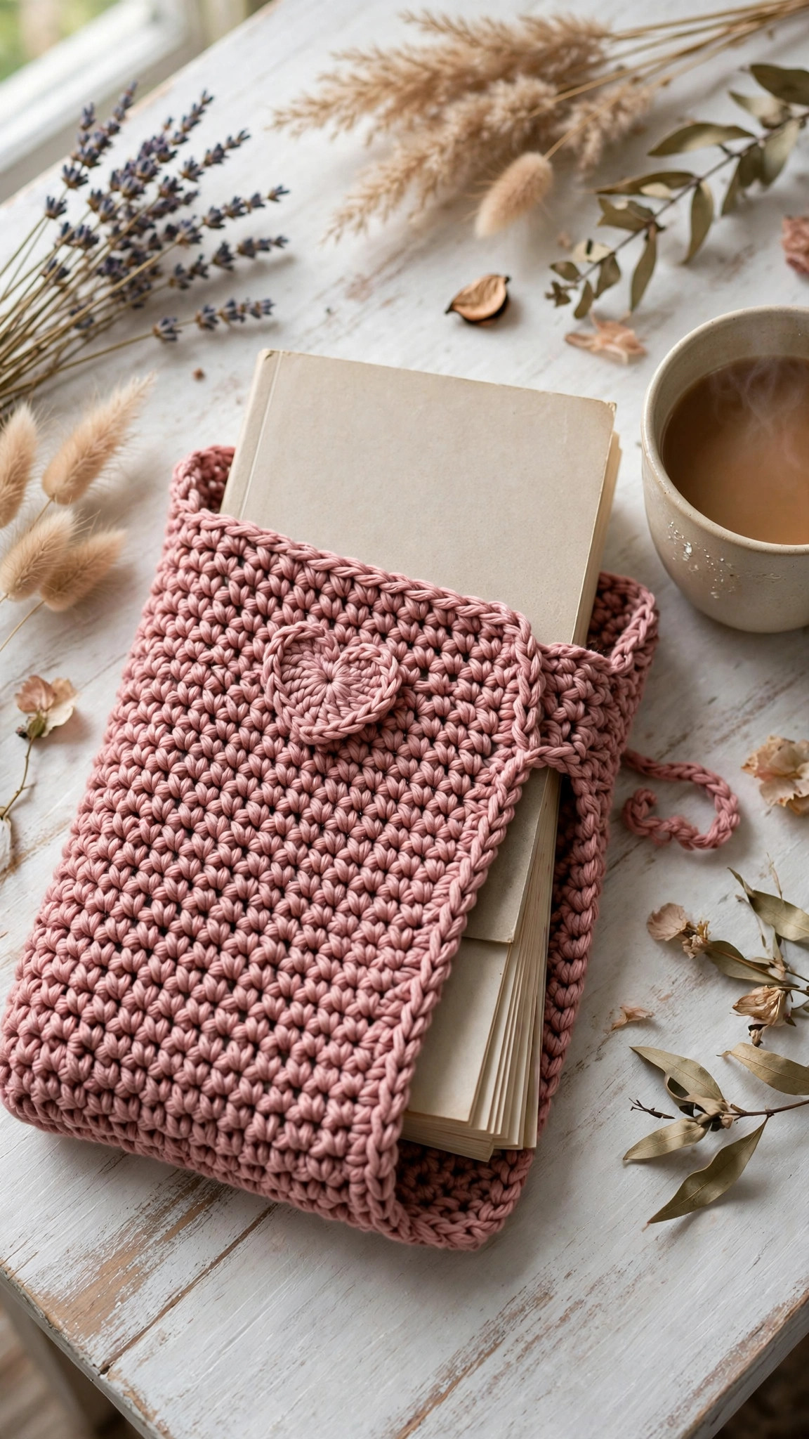 Handmade crocheted book sleeve in dusty rose pink yarn with a small crocheted heart applique, a paperback book sliding into it, book sleeve crochet pattern