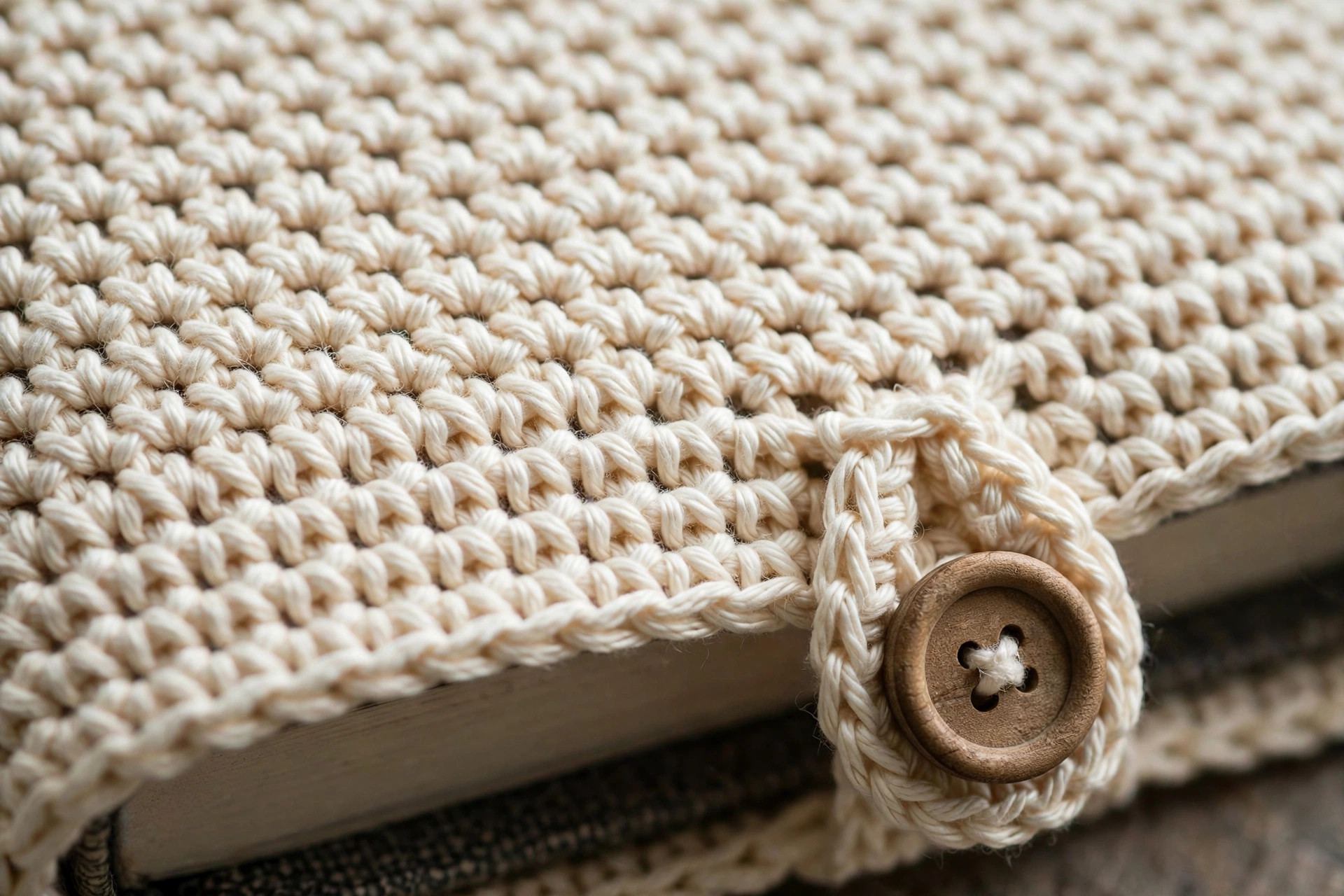 Close-up detail of single crochet stitches and a wooden button closure on a handmade crocheted book sleeve, book sleeve crochet pattern