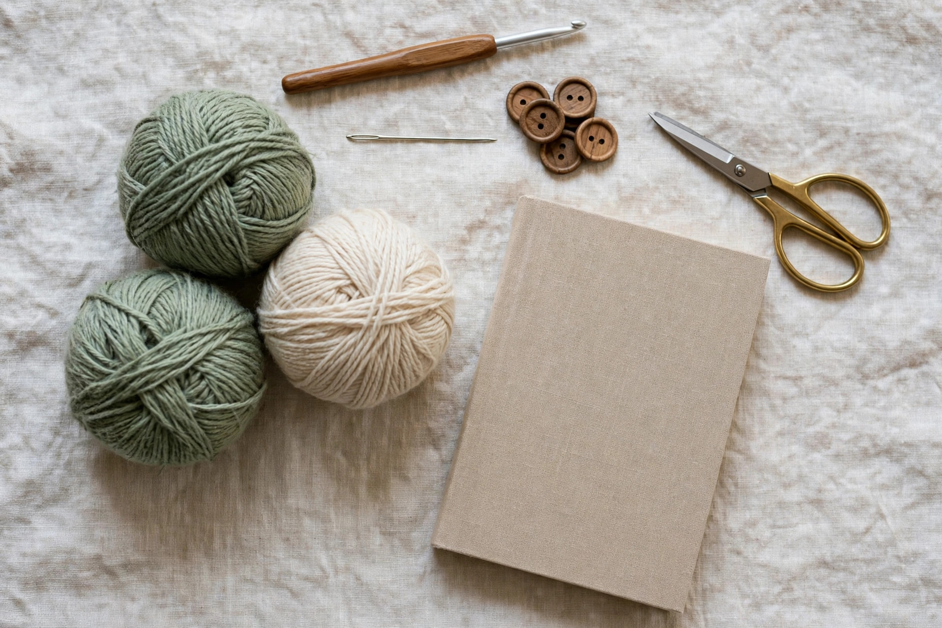 Flat lay of cotton yarn balls, a crochet hook, tapestry needle, wooden buttons and a paperback book for the book sleeve crochet pattern