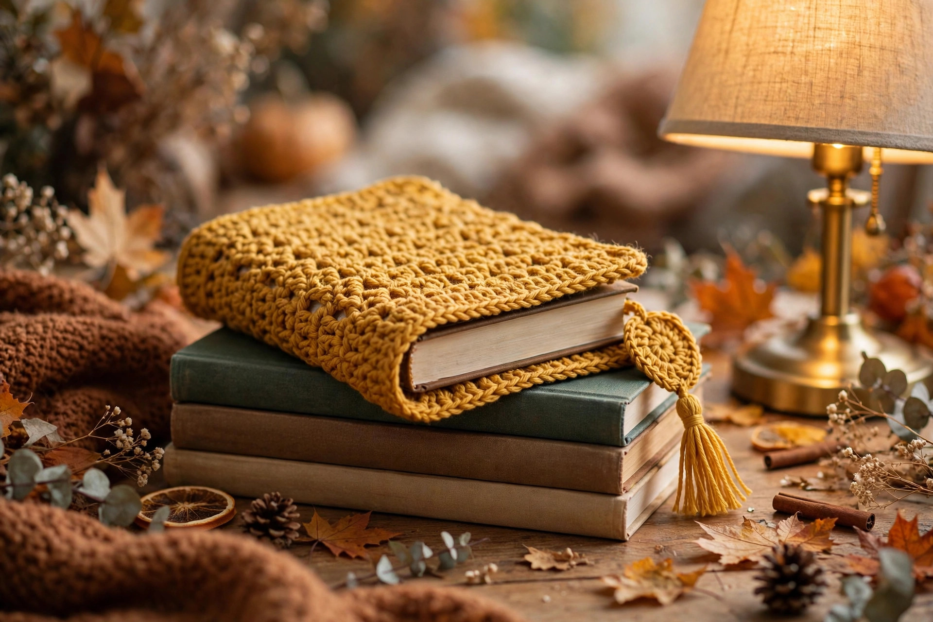 A finished handmade crocheted book sleeve in mustard yellow yarn resting on a stack of novels in a cosy autumn setting, book sleeve crochet pattern