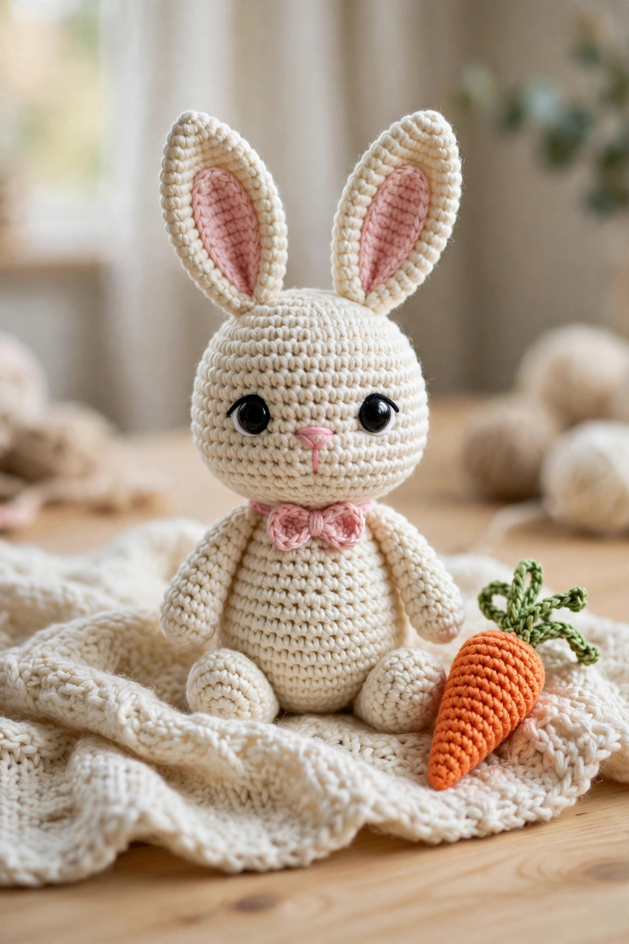 Free crochet bunny pattern — finished cream amigurumi rabbit with long pink-lined ears, big black safety eyes and pink bow sitting on a cream blanket