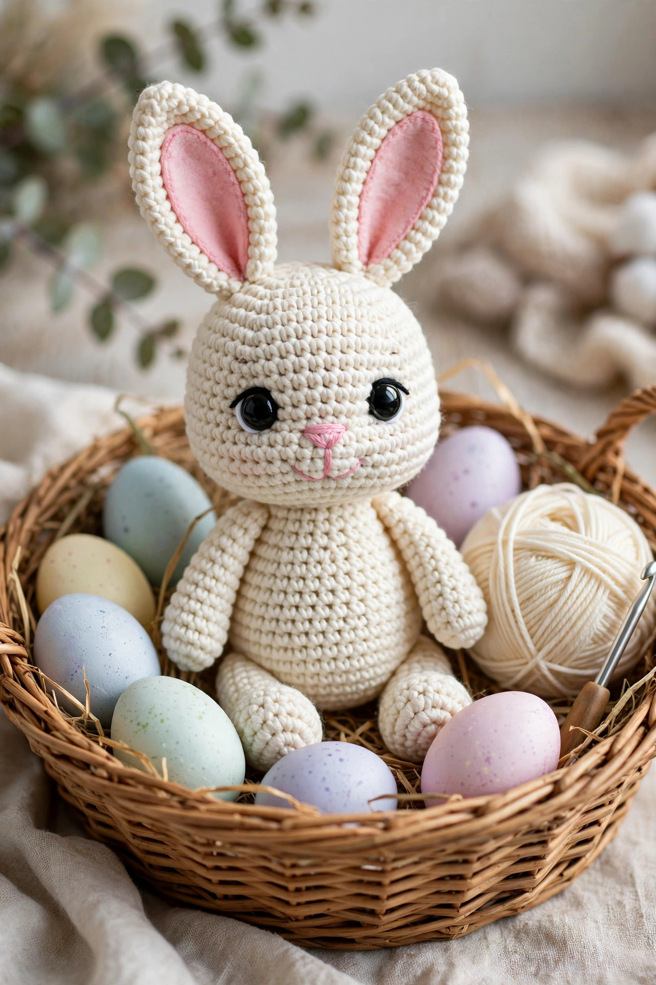 Cream crochet bunny amigurumi with long pink-lined ears sitting in a wicker basket with pastel eggs, free crochet bunny pattern