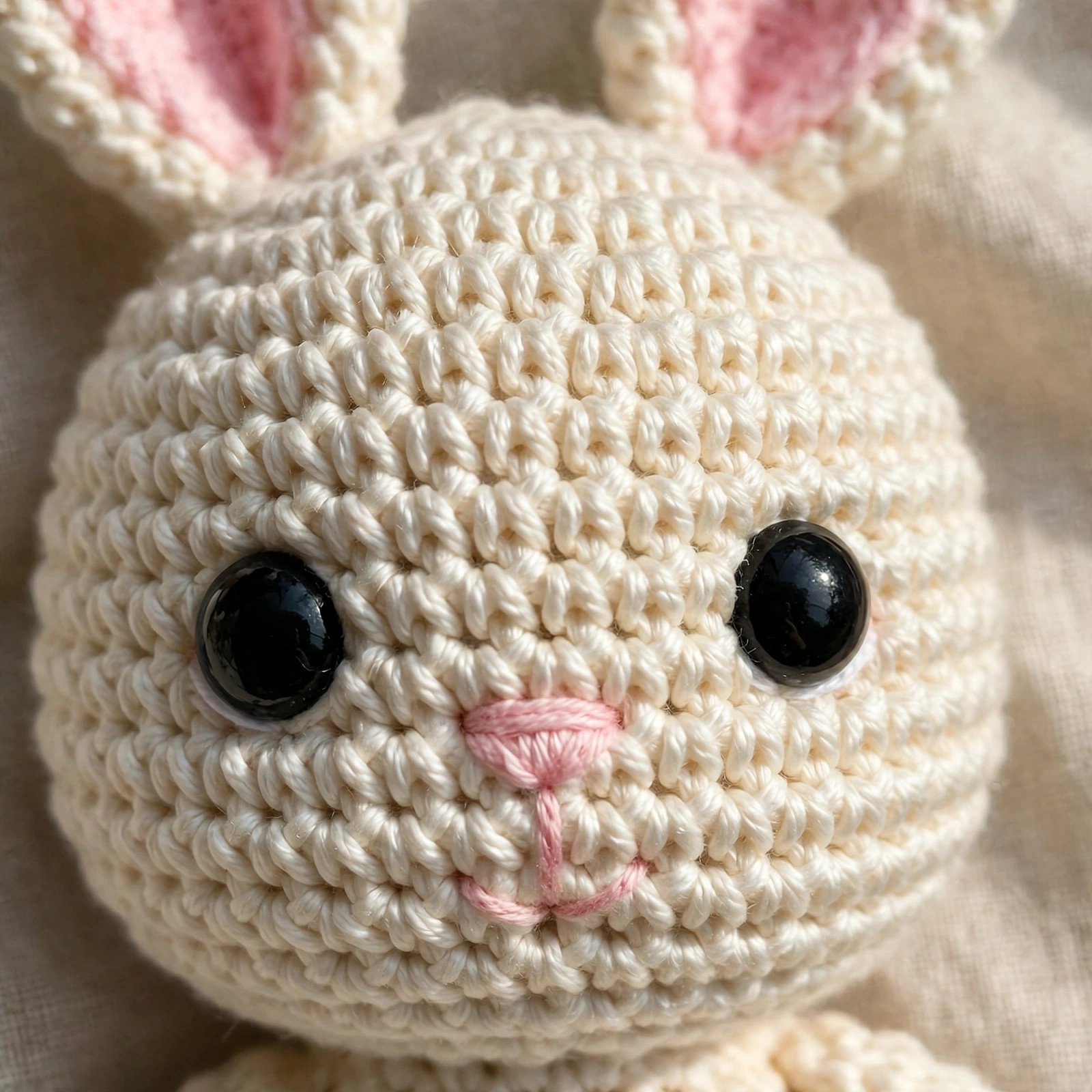 Close-up of crochet bunny face with big black safety eyes and embroidered pink nose and mouth
