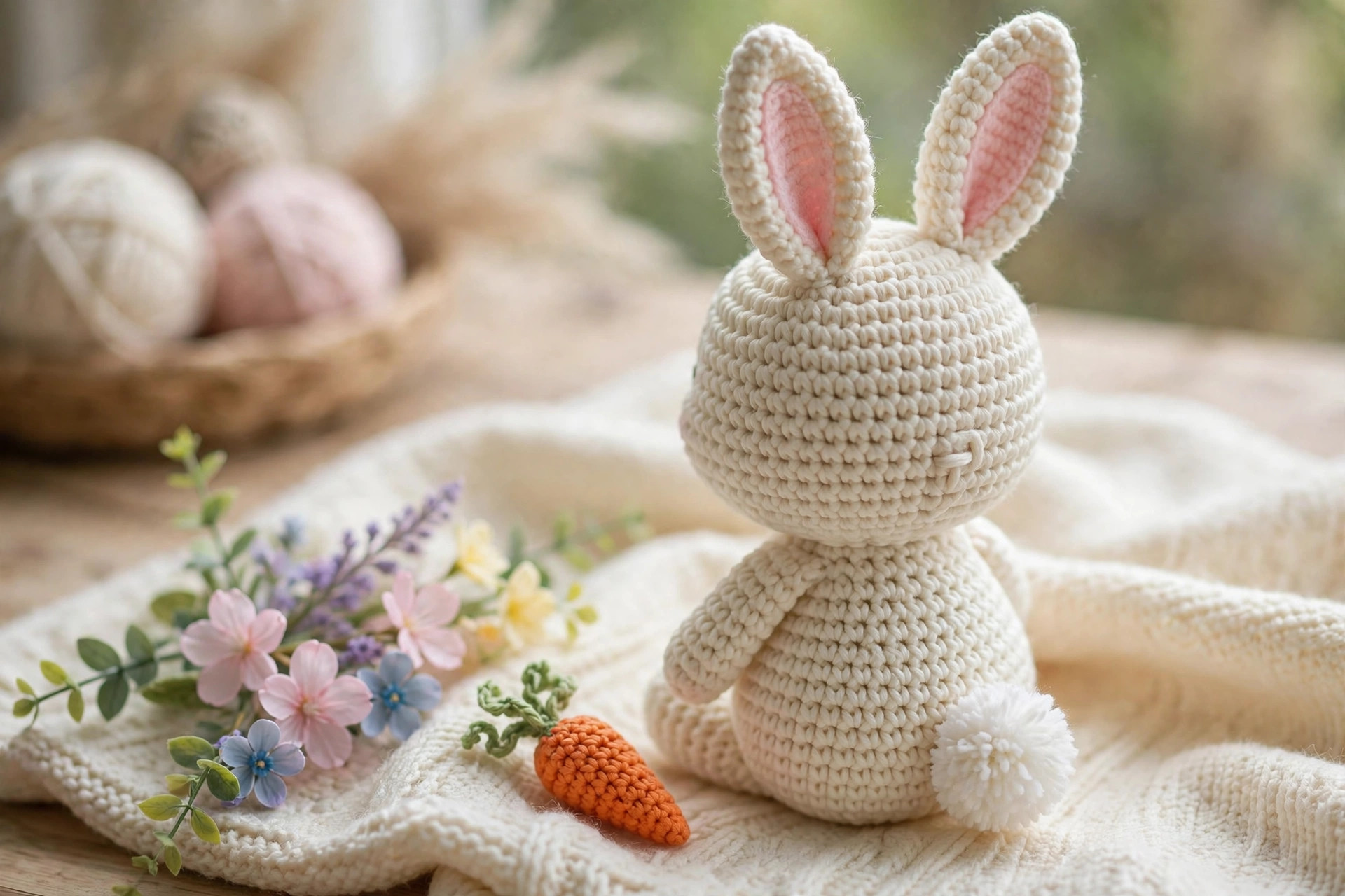 Back view of finished cream crochet bunny amigurumi showing long pink-lined ears and fluffy white pompom tail