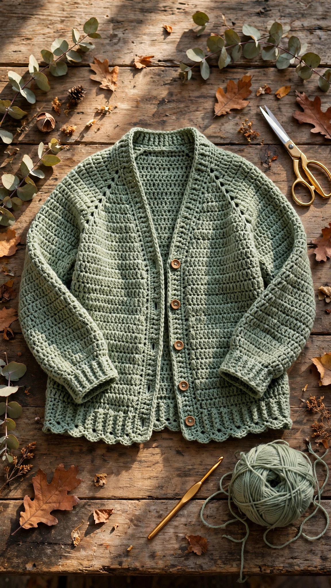 Sage green crochet cardigan flat lay with yarn ball and crochet hook on a wooden table — crochet cardigan sweater pattern