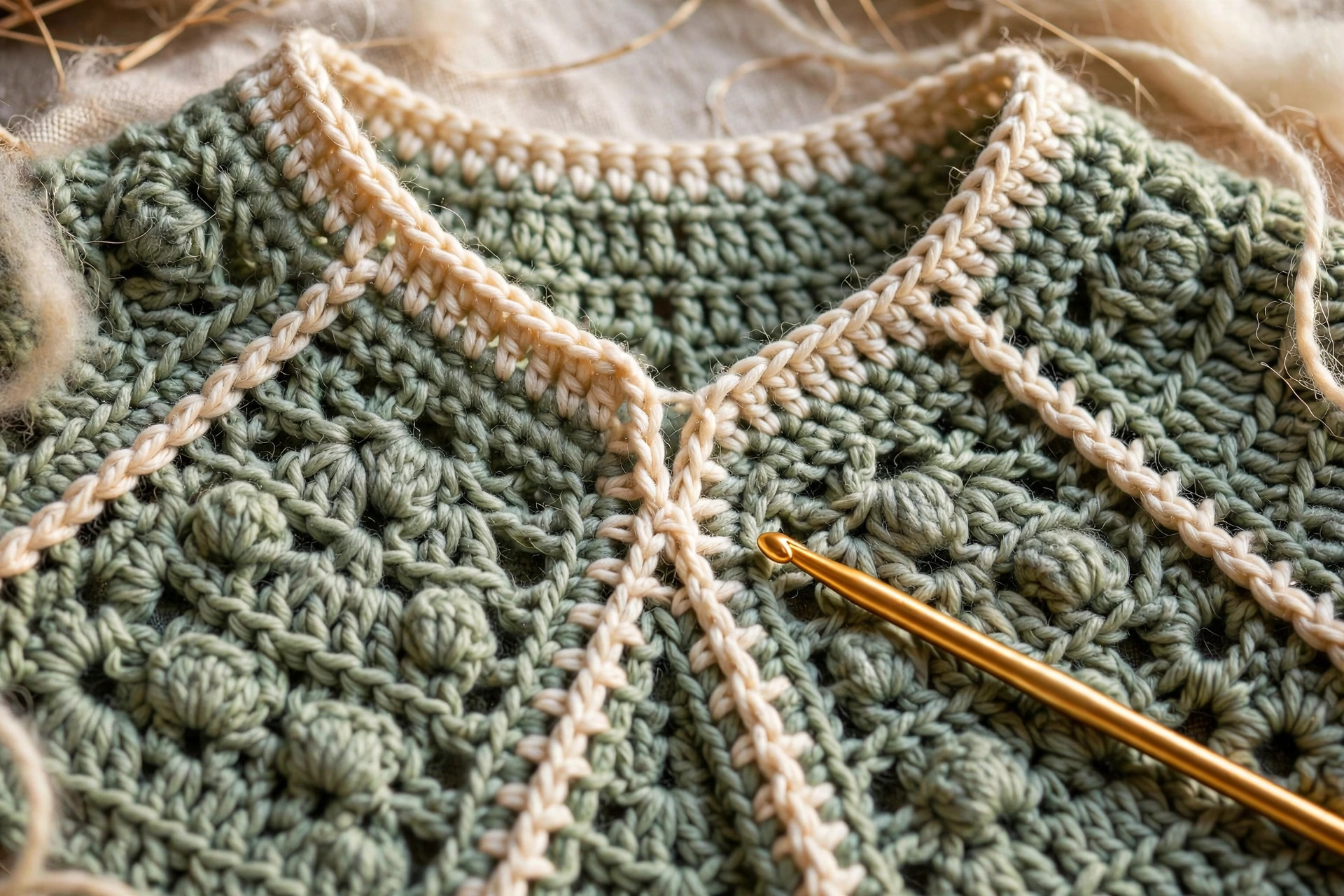 Close-up of raglan increase seam lines on a sage green crochet cardigan yoke with a crochet hook