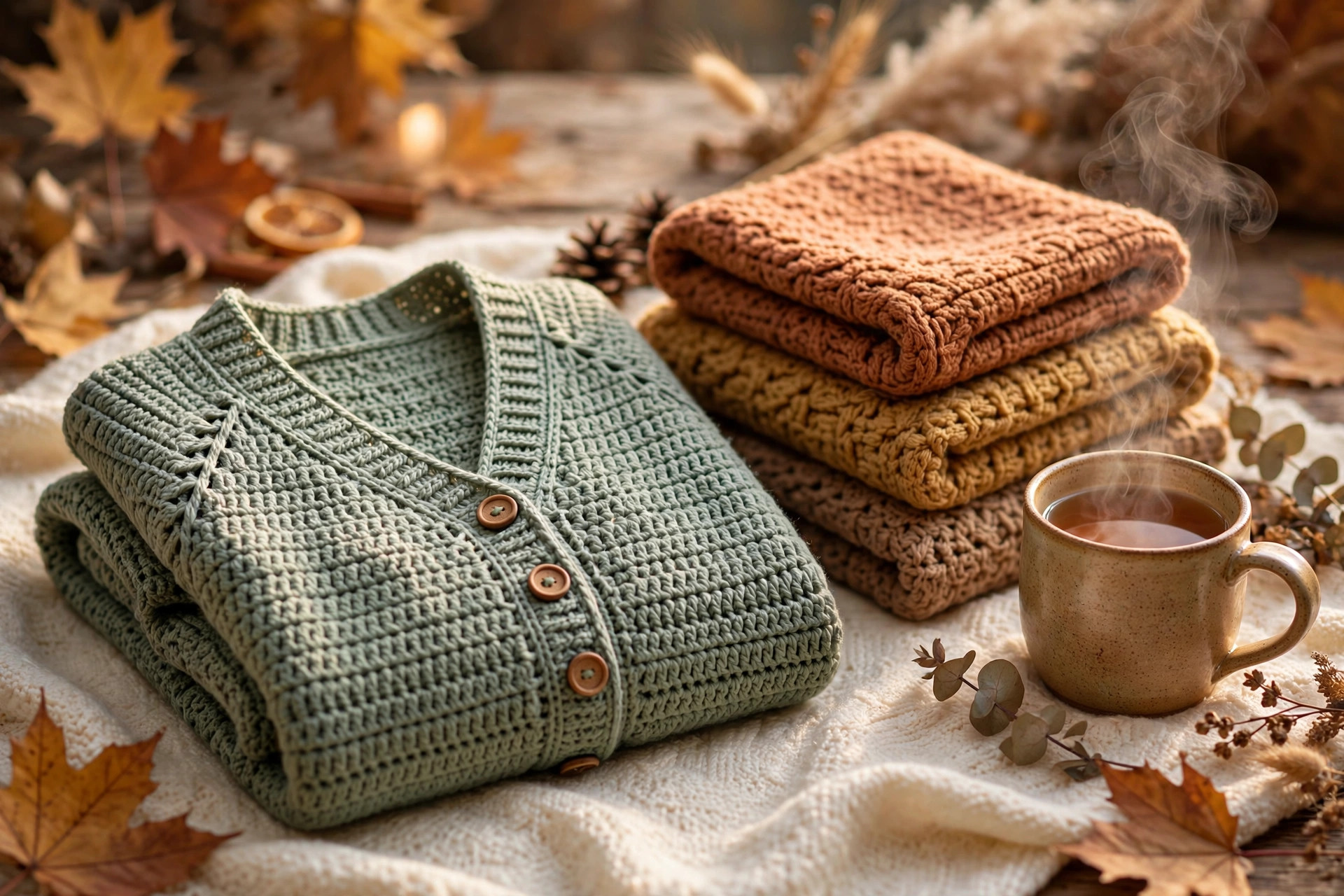 Finished sage green crochet cardigan with wooden buttons folded on a cream blanket with tea
