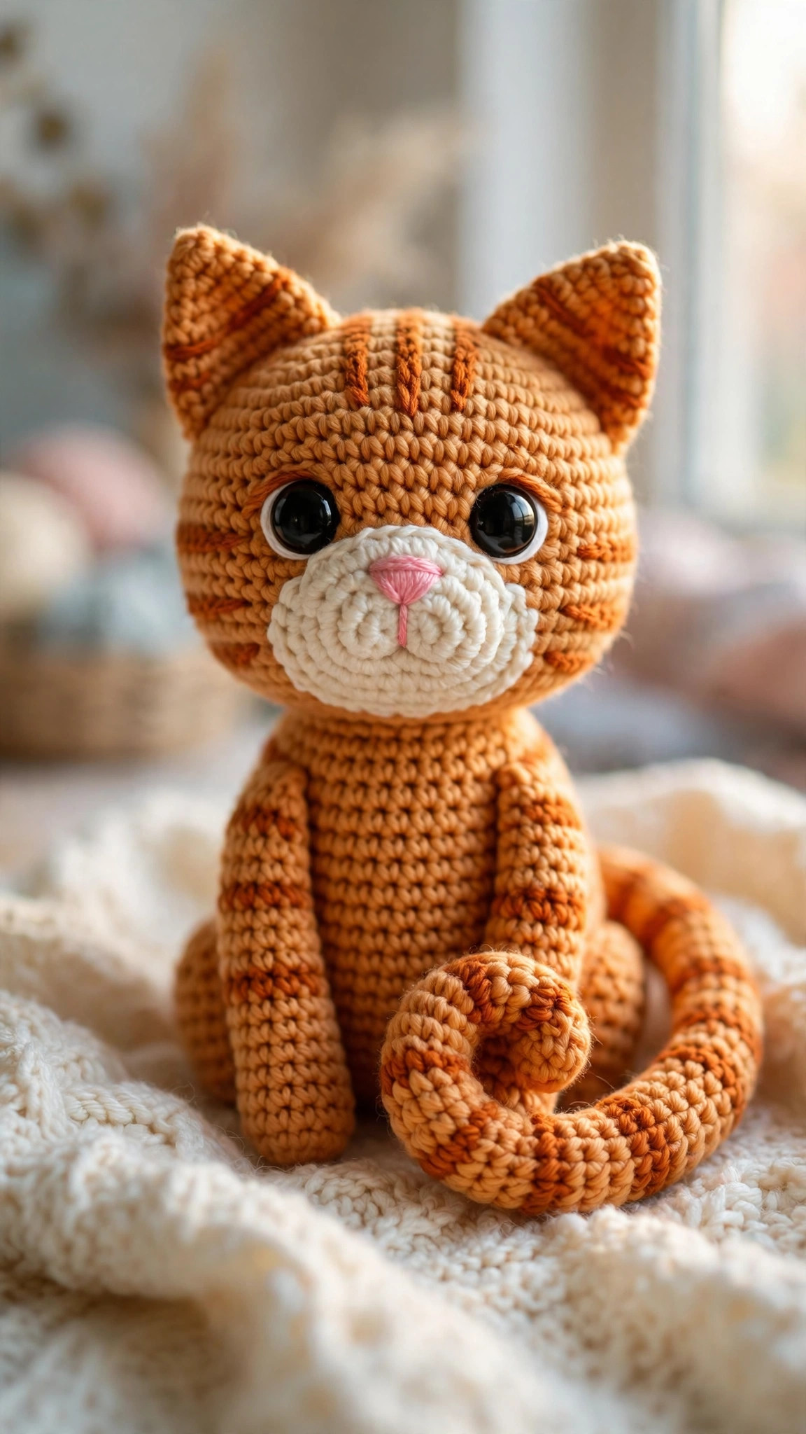 Free crochet cat pattern — finished ginger tabby amigurumi cat with big black safety eyes and pink nose sitting on a cream blanket