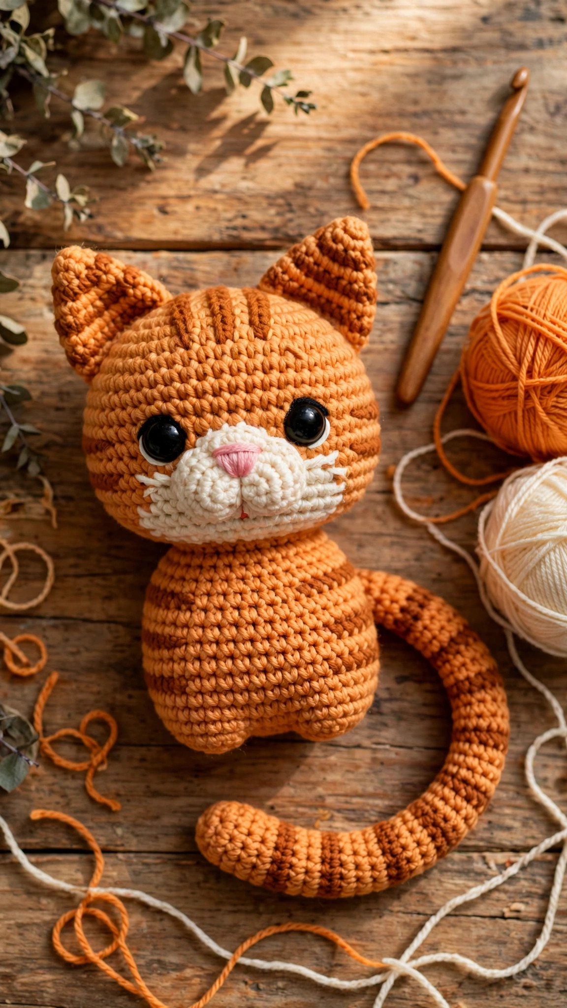Ginger tabby crochet cat amigurumi with orange and cream yarn and a crochet hook on a wooden table — free crochet cat pattern