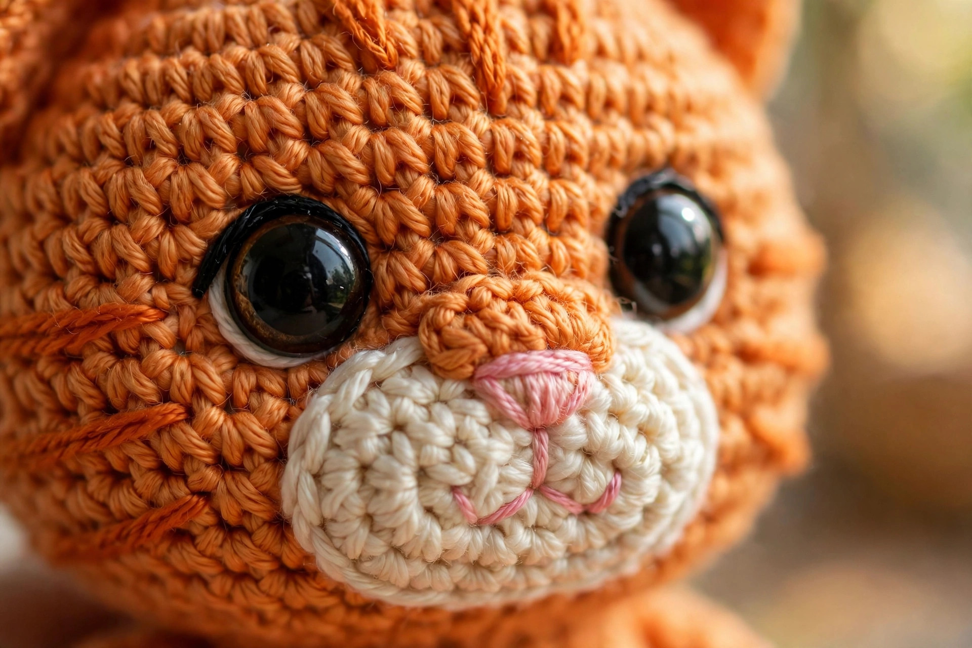 Close-up of crochet cat face with big black safety eyes, cream muzzle and embroidered pink nose