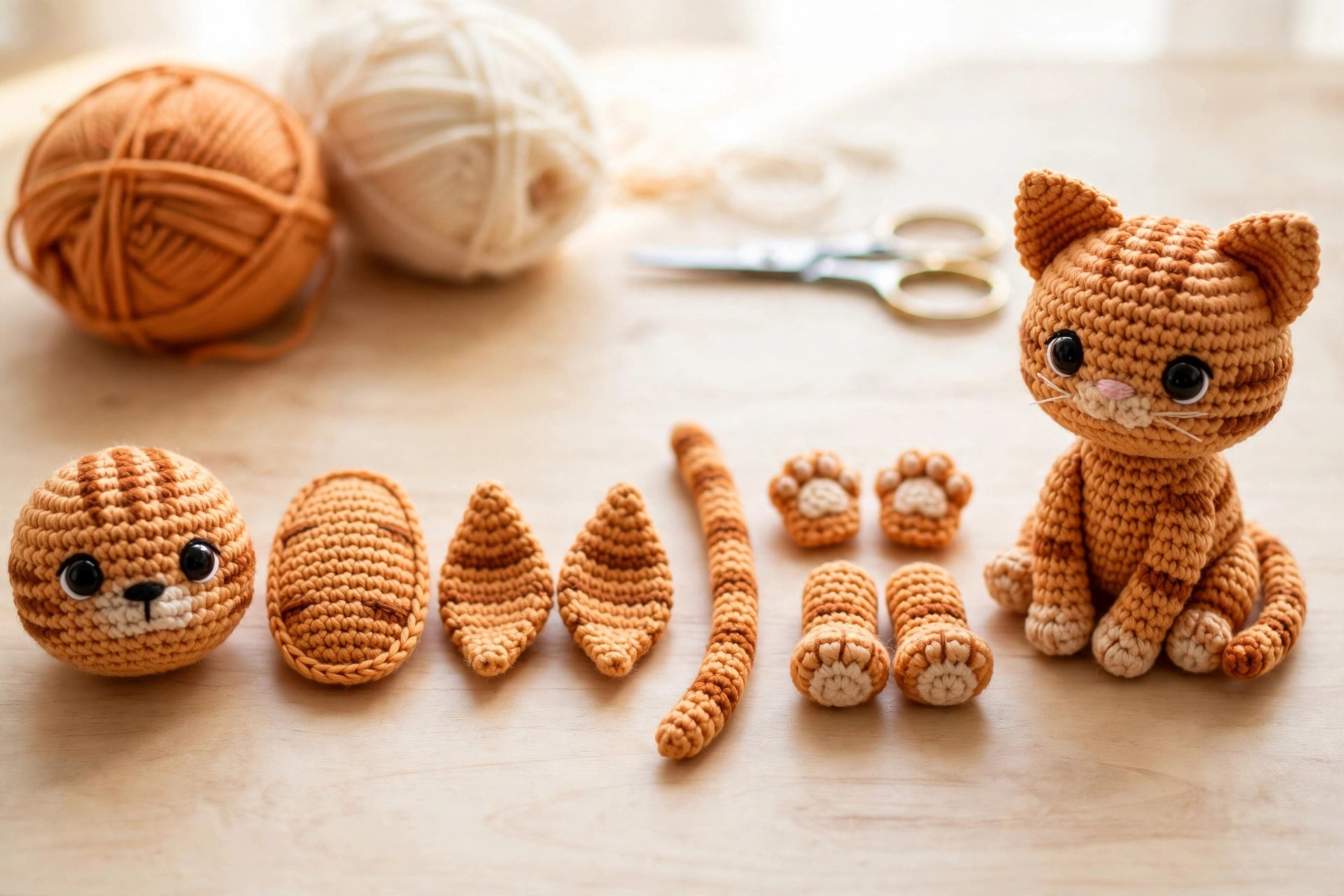 Crochet cat pattern pieces laid out in a row — head, body, ears, tail, paws and feet — next to the finished cat
