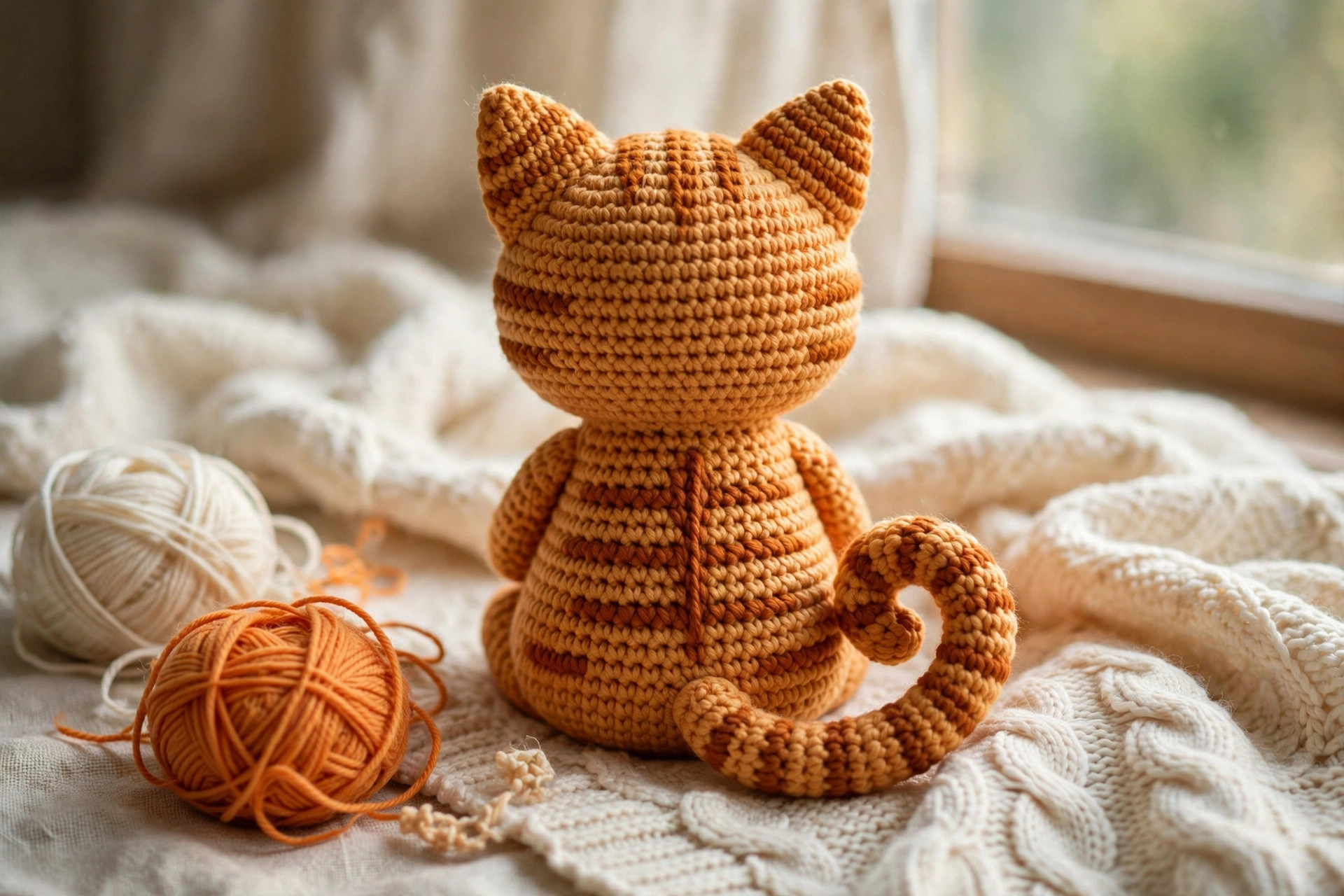 Back view of finished ginger tabby crochet cat amigurumi showing striped ears and curled tail