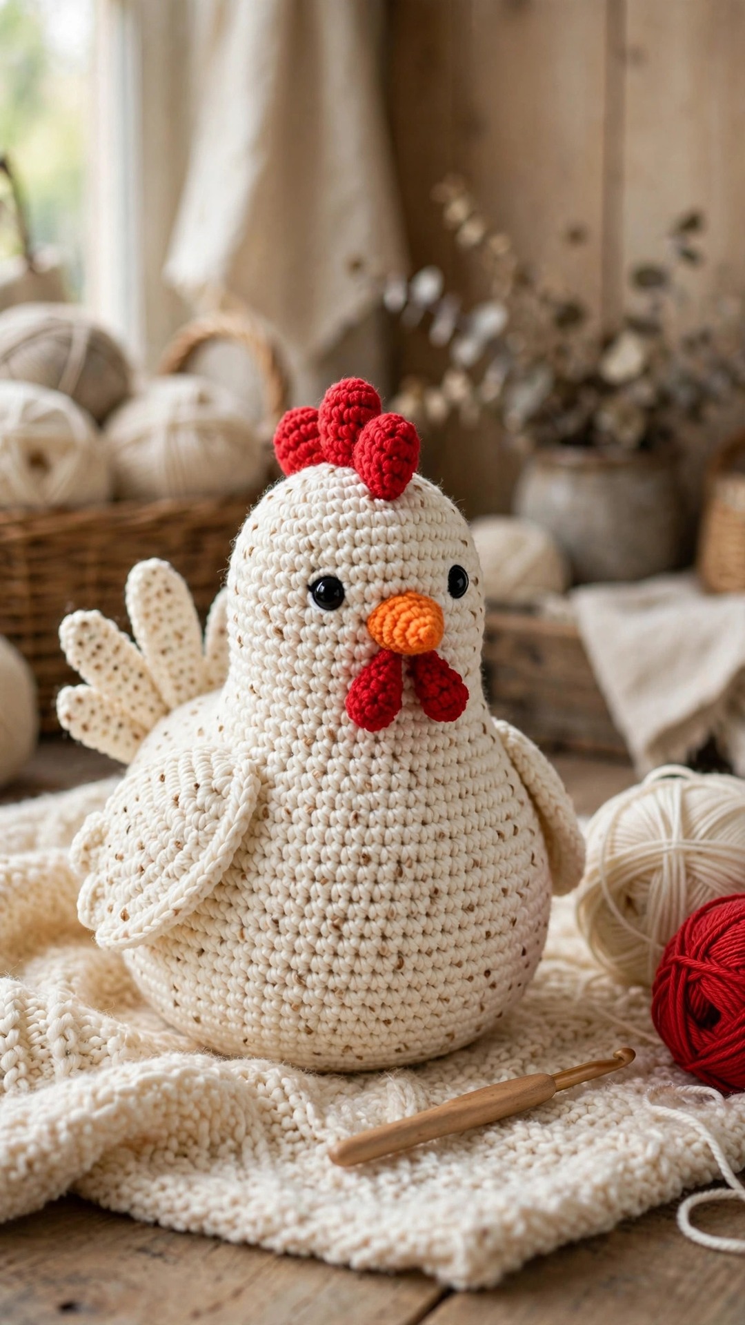 Free crochet chicken pattern — finished cream amigurumi hen with red comb, orange beak and red wattles sitting on a cream blanket