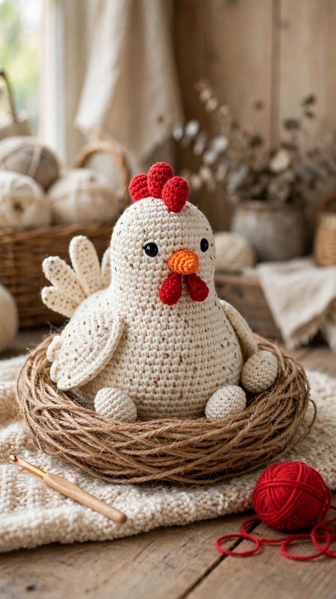Cream crochet hen amigurumi with red comb and orange beak sitting in a jute nest with crocheted eggs — free crochet chicken pattern