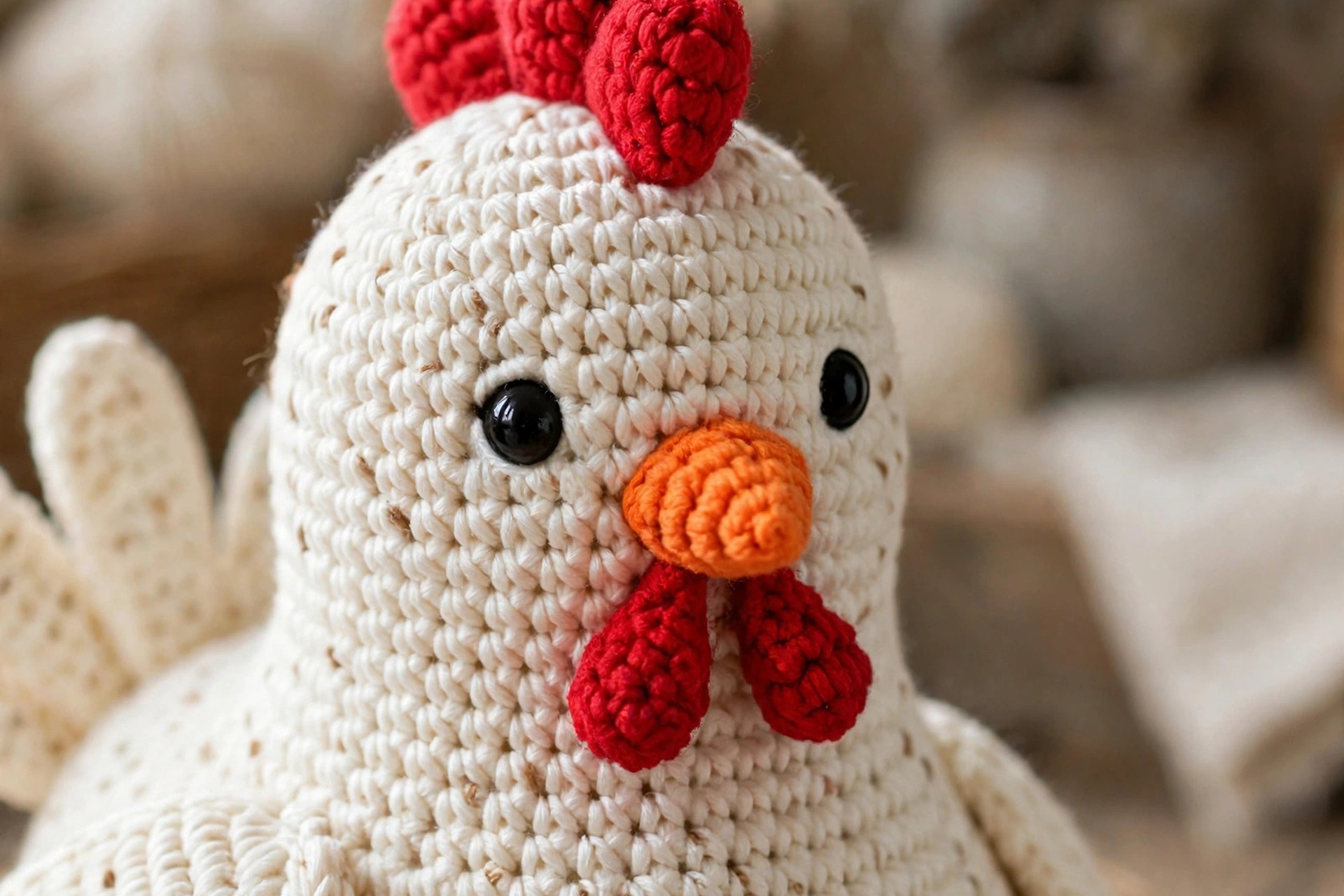 Close-up of crochet hen face with red comb, orange beak, red wattles and black safety eyes