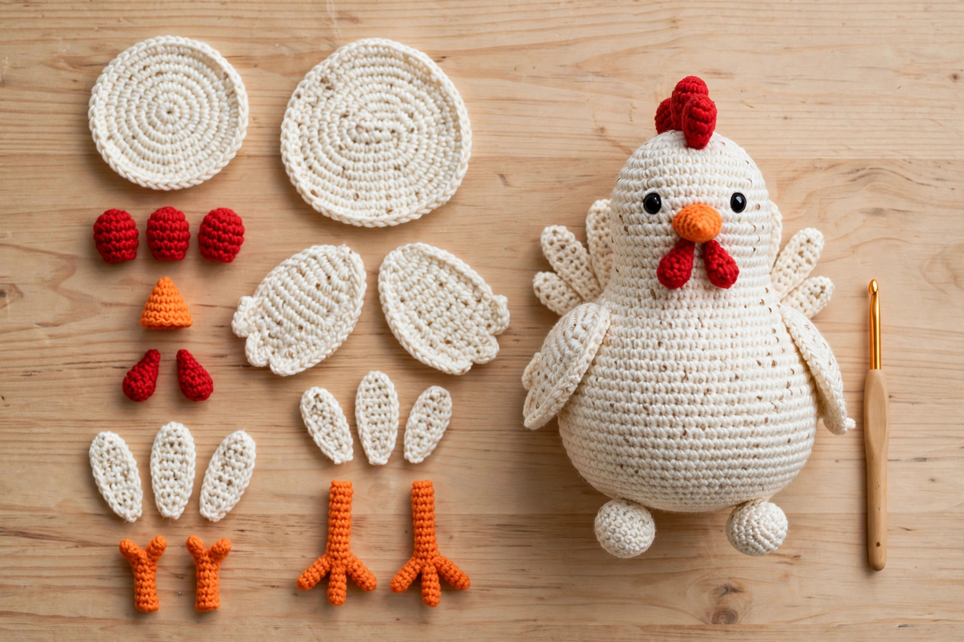 All crochet chicken pattern pieces laid out in rows — body, comb bumps, beak, wattles, wings, tail feathers, legs and feet — next to the finished hen