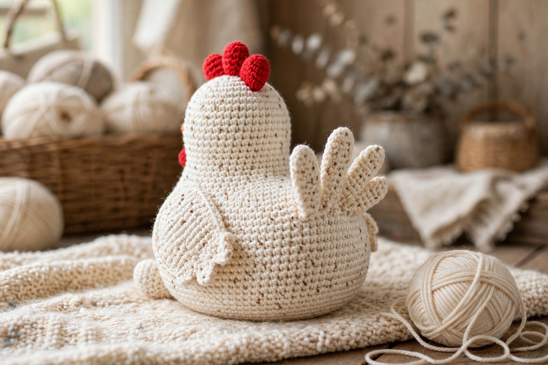 Back view of finished cream crochet hen amigurumi showing fanned tail feathers