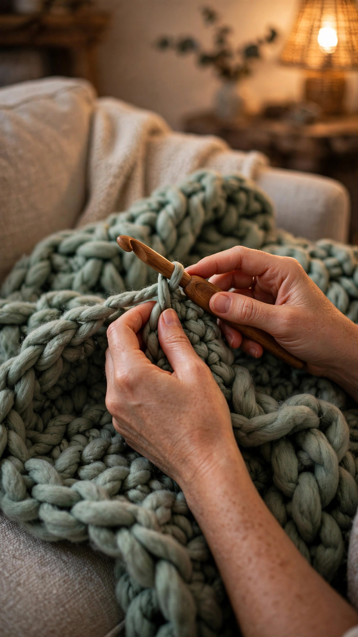 Hands crocheting a chunky sage green blanket with a large wooden hook, chunky yarn crochet blanket patterns