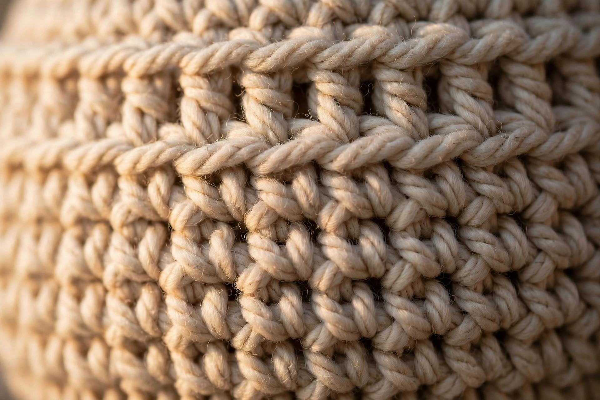 Extreme close-up of thick oatmeal chunky crochet stitches showing double crochet texture, chunky yarn crochet blanket patterns