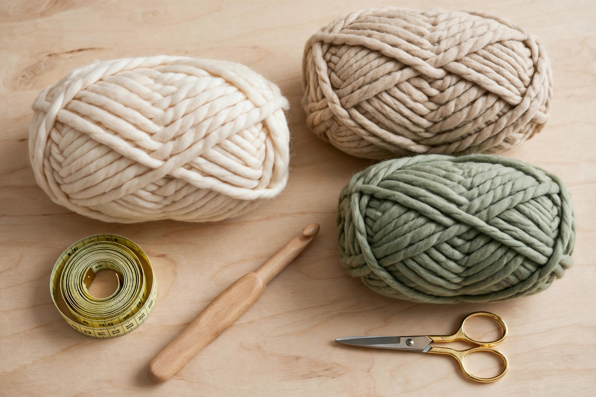 Flat lay of chunky yarn skeins in cream, oatmeal and sage green with a large wooden crochet hook, chunky yarn crochet blanket patterns