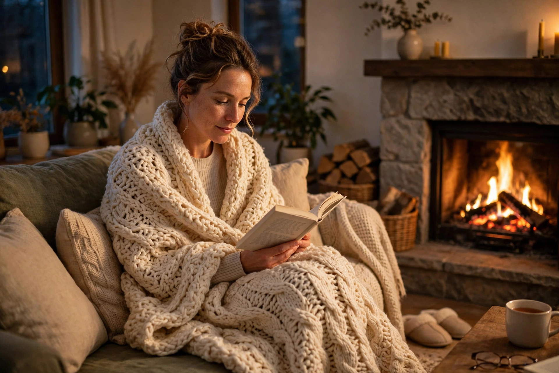 Woman wrapped in a chunky cream crochet blanket reading by a fireplace, chunky yarn crochet blanket patterns