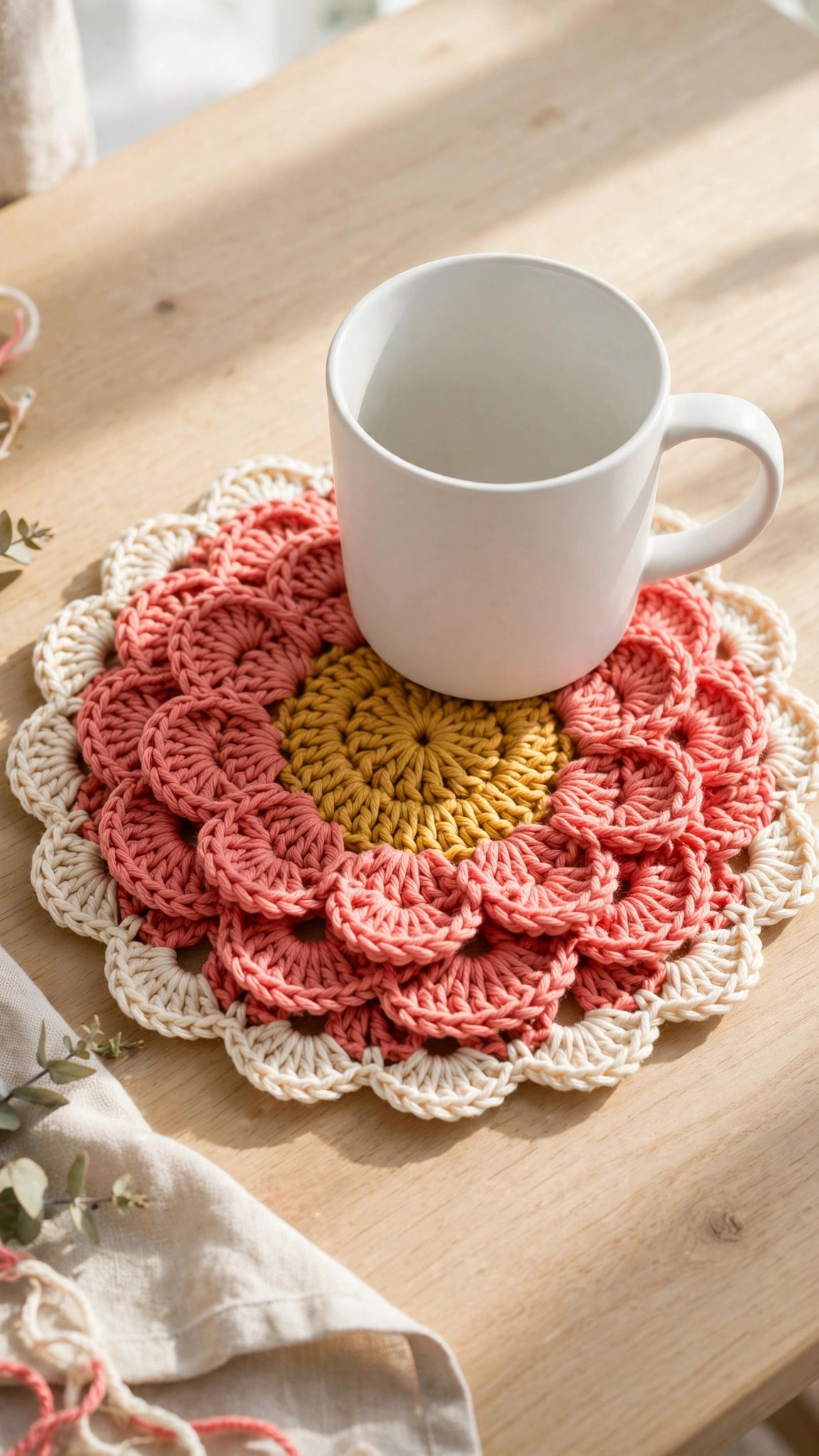 Free flower coaster crochet pattern — coral pink layered-petal blossom coaster with yellow center and cream scalloped edge under a white mug