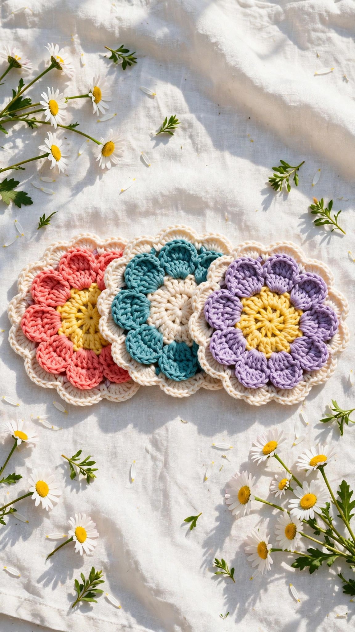 Three crochet flower coasters in coral, teal and lavender fanned out on white linen with daisies — free flower coaster crochet pattern