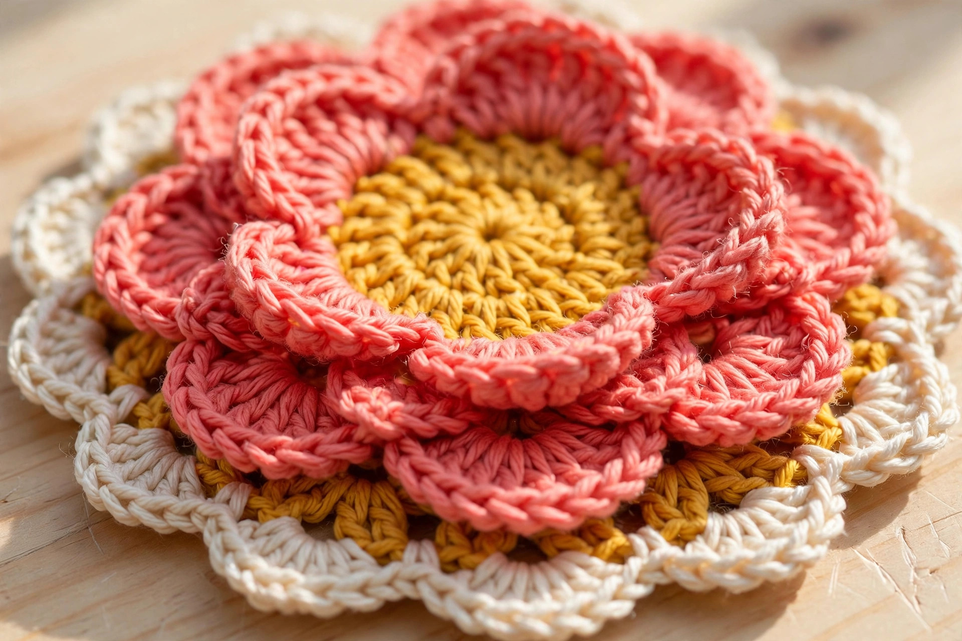 Close-up of layered crochet petals showing the double-crochet stitch texture