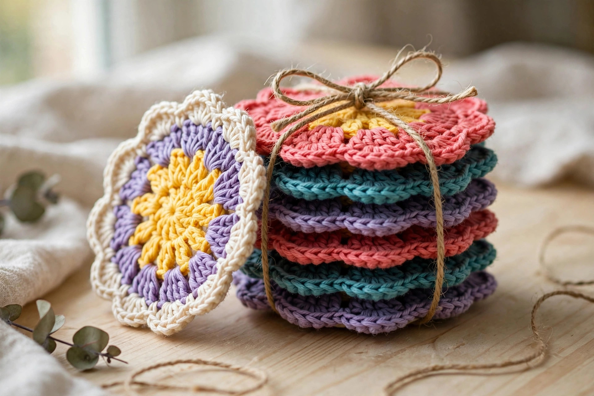Stack of crochet flower coasters in coral, teal and lavender tied with twine