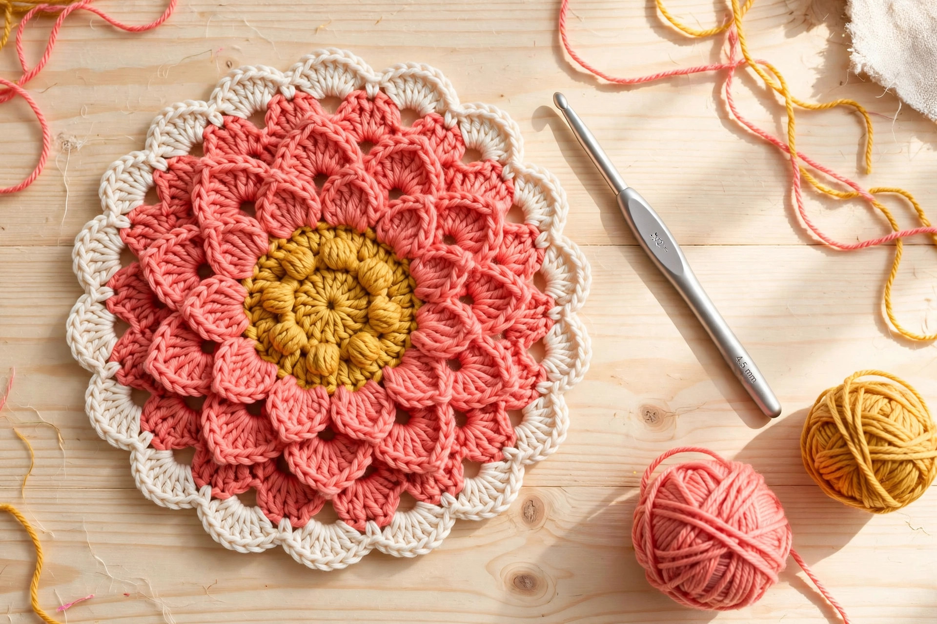 Finished flower coaster with hook and yarn balls on a wooden table