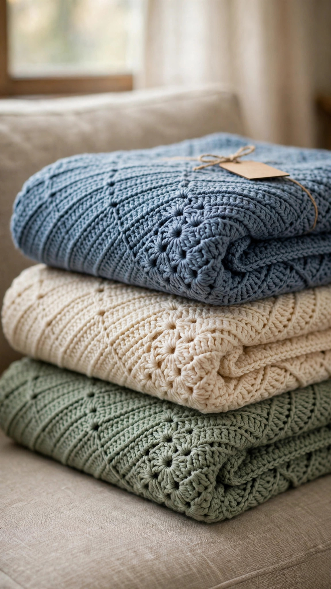 A stack of folded corner to corner crochet blankets in sage green, cream and dusty blue on a sofa, corner to corner crochet patterns