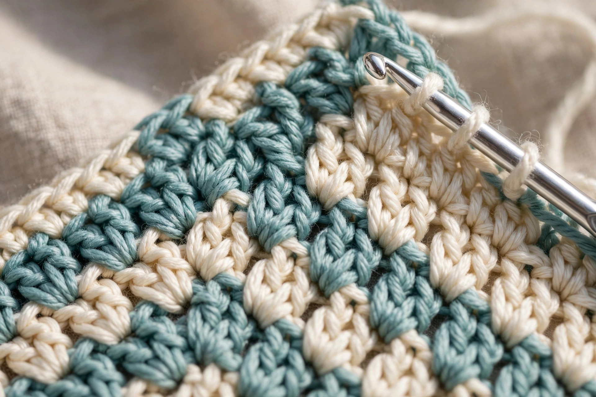 Close-up detail of corner to corner crochet double crochet boxes in teal and cream yarn with a crochet hook, corner to corner crochet patterns