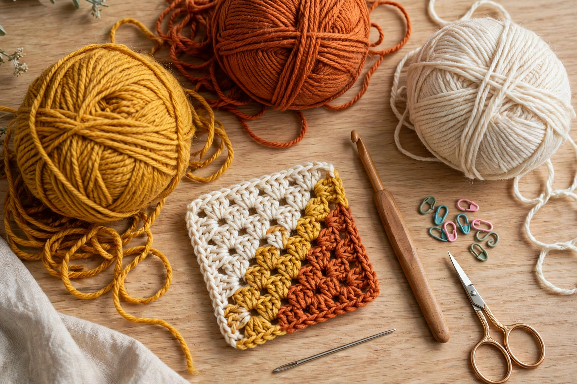 Flat lay of yarn balls, a crochet hook, tapestry needle and scissors for corner to corner crochet, corner to corner crochet patterns
