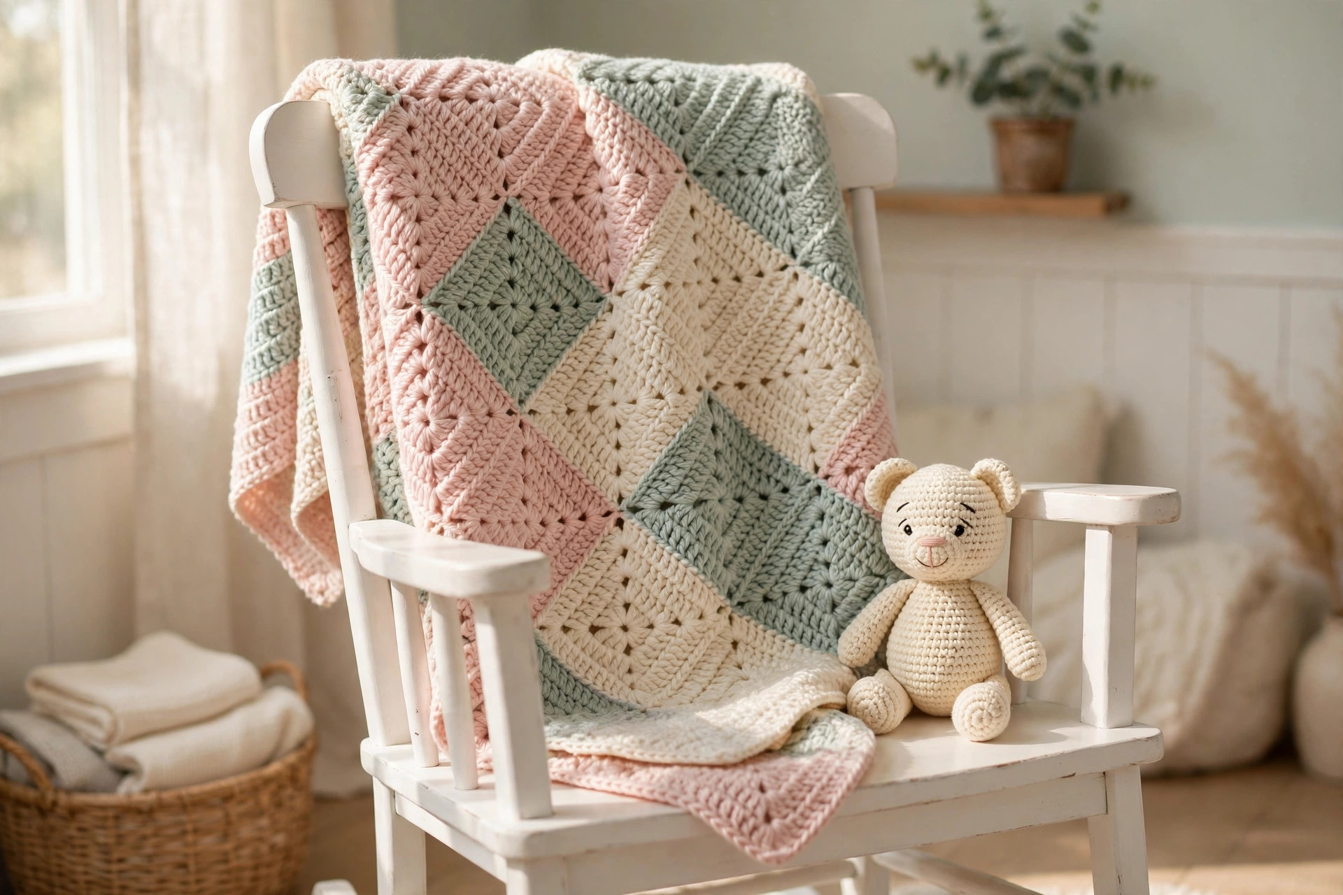 A pastel corner to corner crochet baby blanket folded over a white rocking chair in a nursery, corner to corner crochet patterns
