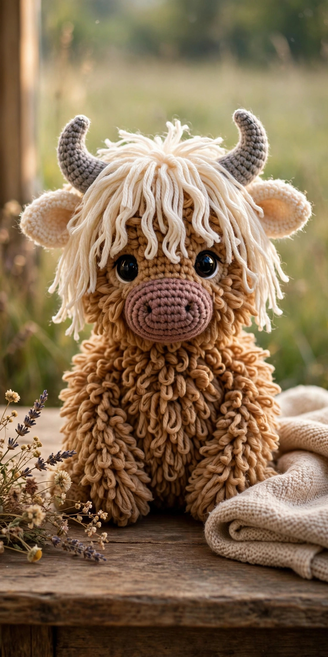 Highland cow crochet pattern — fluffy amigurumi Highland coo with cream fringe, grey horns and pink muzzle sitting on a wooden table