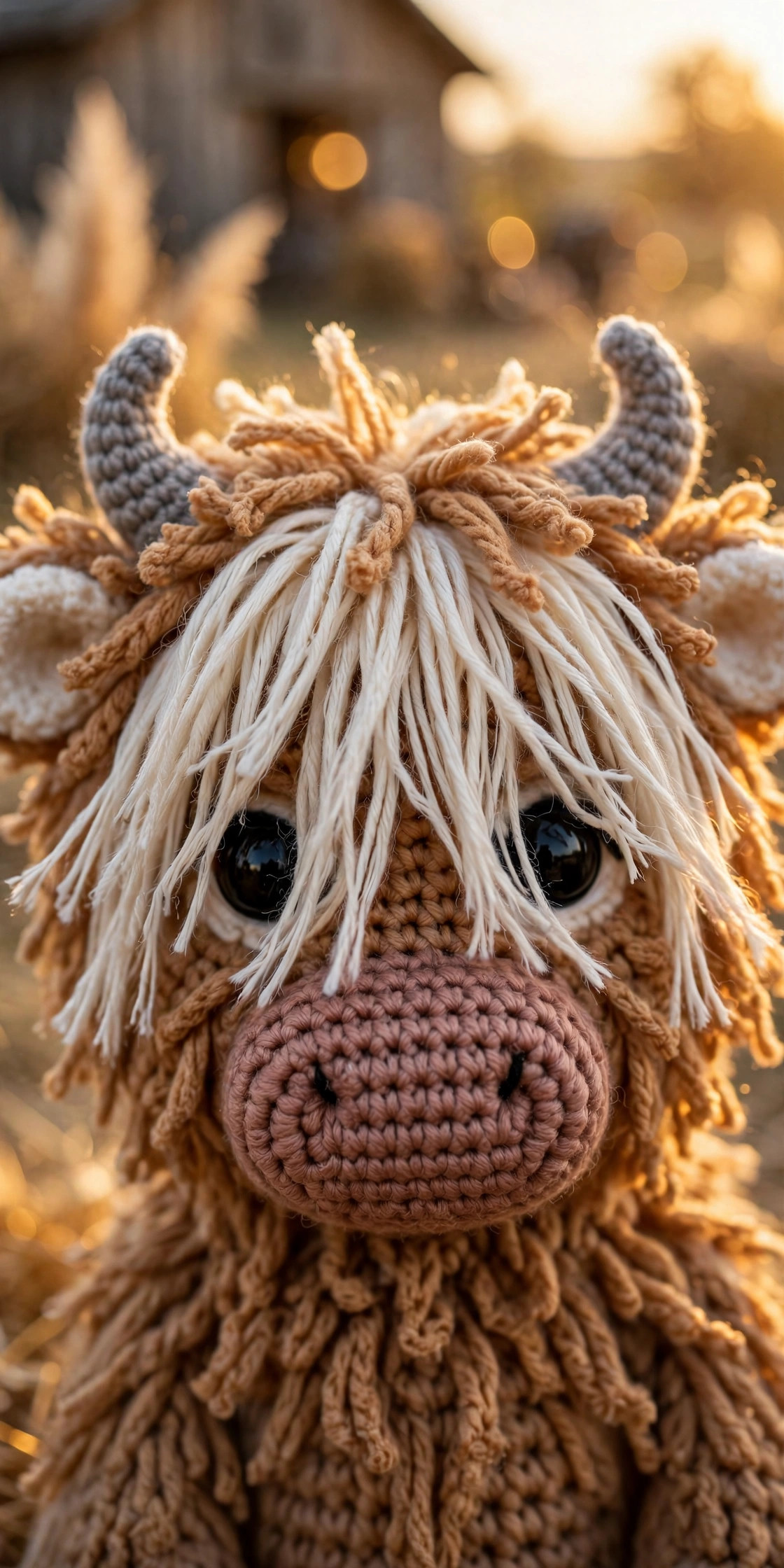 Fluffy highland cow crochet toy with cream fringe, grey horns and pink muzzle — free highland cow crochet pattern