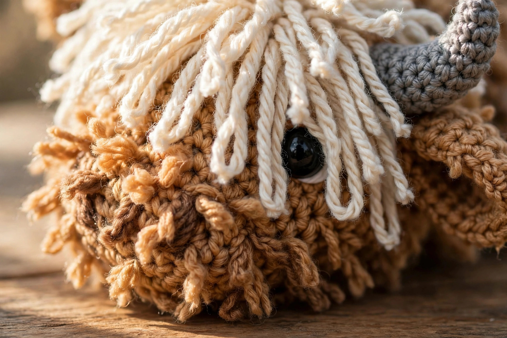 Close-up of fluffy highland cow crochet face showing cream fringe, grey horn and textured shaggy coat