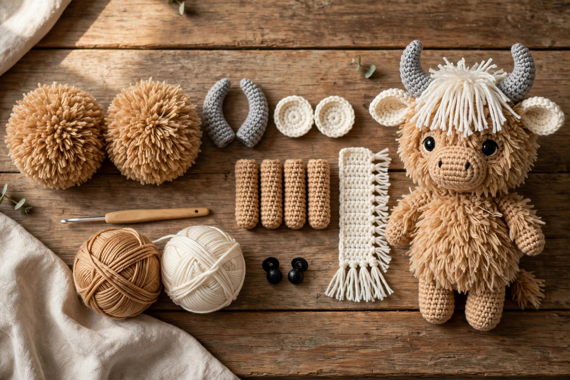 Highland cow crochet pattern pieces — head, body, horns, ears, legs and fringe panel — laid out before assembly