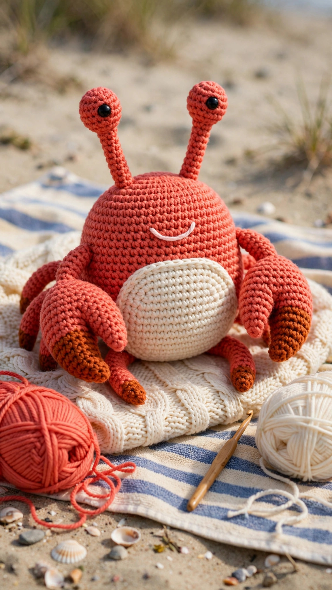 Cheery coral red crochet crab amigurumi with cream belly, black eyes on stalks and big claws, on a sandy beach towel — crab crochet pattern free